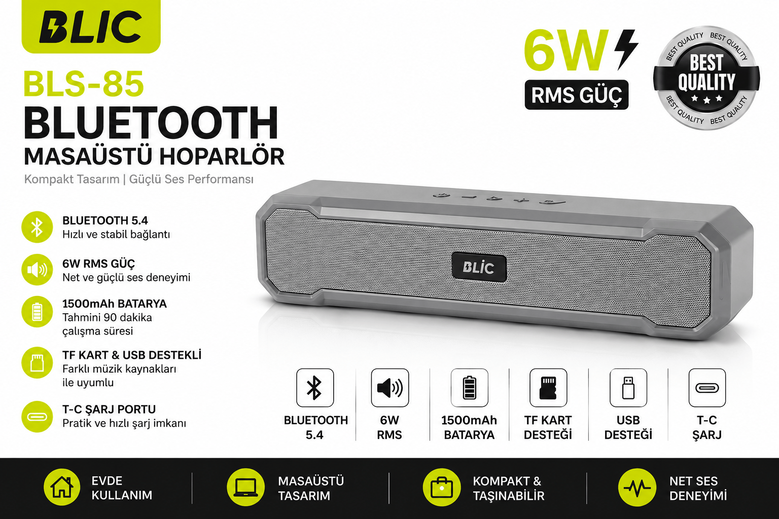 Blic BLS-85 Bluetooth 5.4 Kablosuz Masaüstü Hoparlör 6W RMS 1500mAh TF USB T-C Destekli Gri