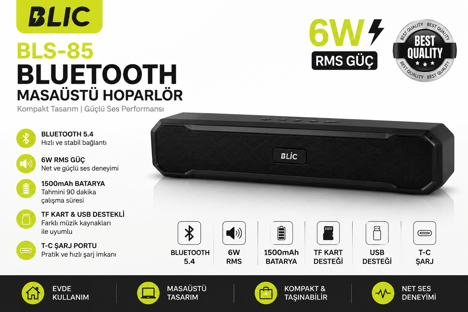 Blic BLS-85 Bluetooth 5.4 Kablosuz Masaüstü Hoparlör 6W RMS 1500mAh TF USB T-C Destekli Siyah