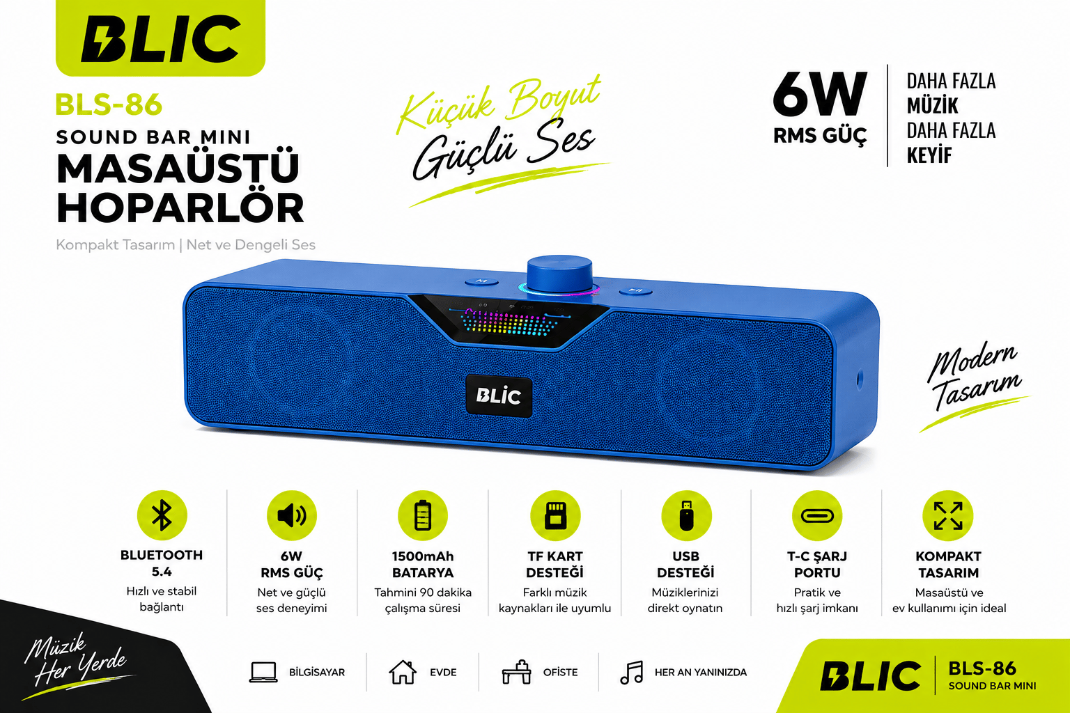 Blic BLS-86 Bluetooth 5.4 Mini Soundbar 6W RMS 1500mAh Kablosuz Masaüstü Hoparlör TF Kart USB Destekli Mavi