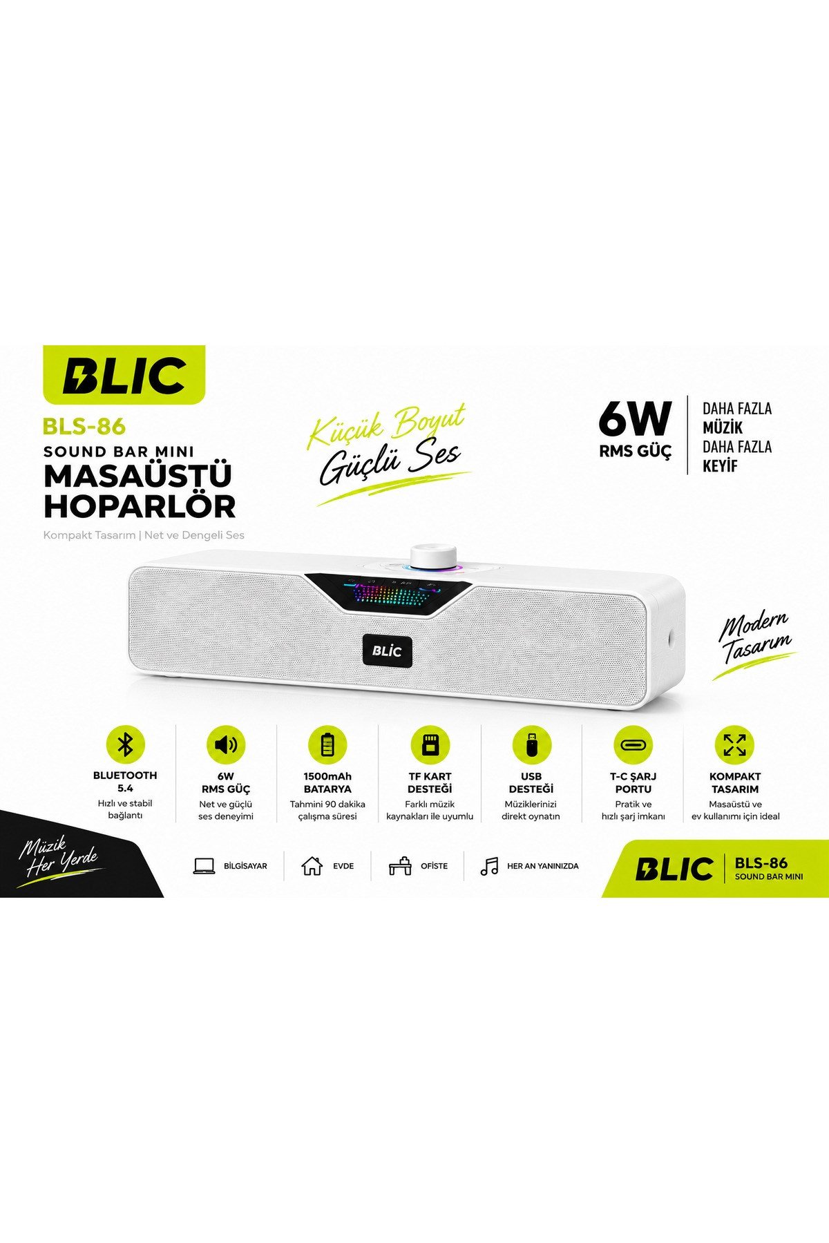 Blic BLS-86 Bluetooth 5.4 Mini Soundbar 6W RMS 1500mAh Kablosuz Masaüstü Hoparlör TF Kart USB Destekli Beyaz