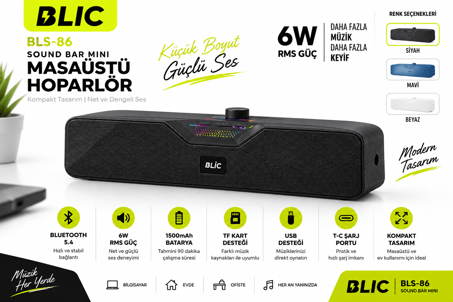 Blic BLS-86 Bluetooth 5.4 Mini Soundbar 6W RMS 1500mAh Kablosuz Masaüstü Hoparlör TF Kart USB Destekli Siyah