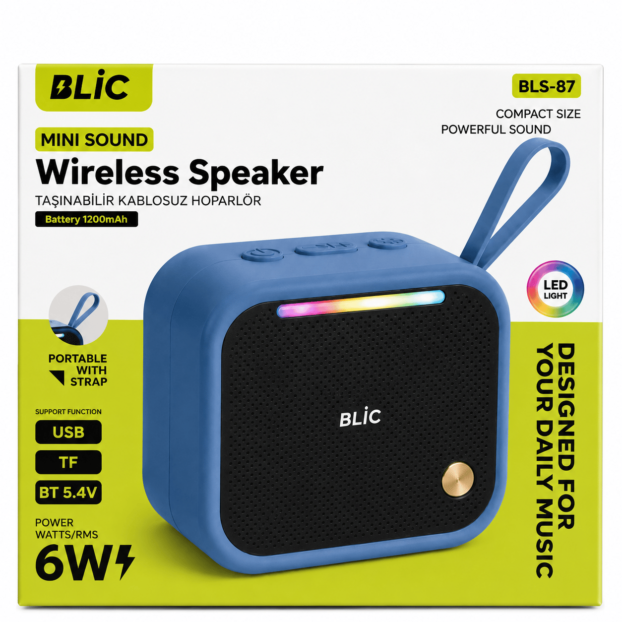 Blic BLS-87 Bluetooth 5.4 Taşınabilir Mini Hoparlör 6W Güçlü Ses LED Işıklı Askı Aparatlı Kablosuz Speaker Mavi