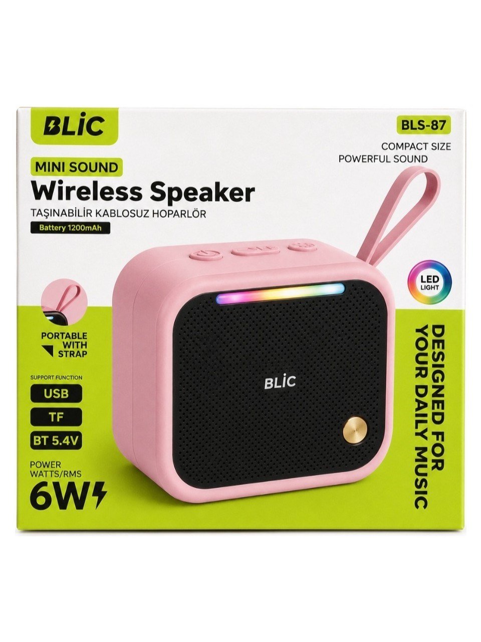 Blic BLS-87 Bluetooth 5.4 Taşınabilir Mini Hoparlör 6W Güçlü Ses LED Işıklı Askı Aparatlı Kablosuz Speaker Pembe
