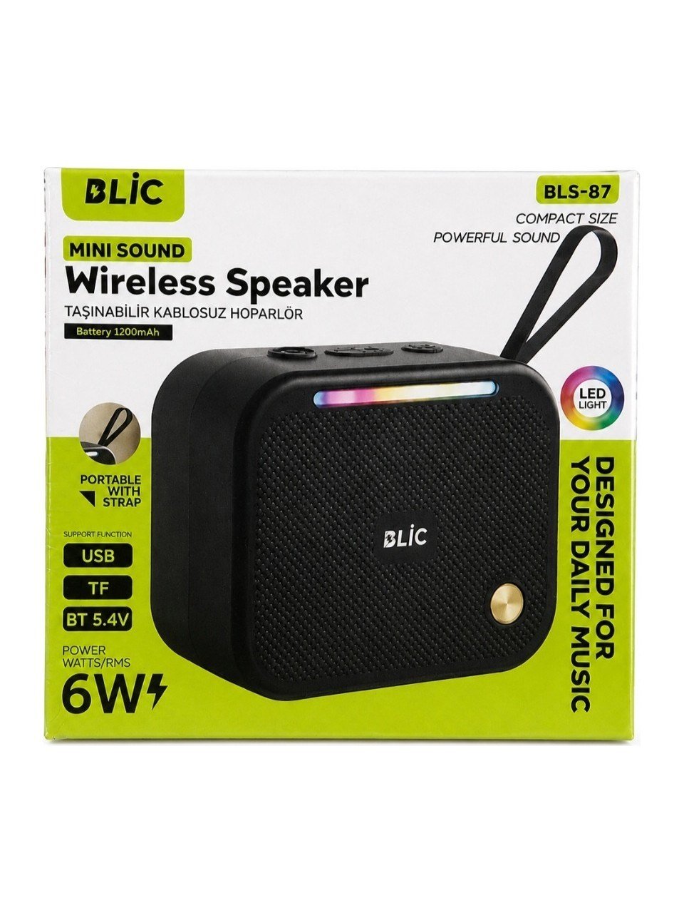 Blic BLS-87 Bluetooth 5.4 Taşınabilir Mini Hoparlör 6W Güçlü Ses LED Işıklı Askı Aparatlı Kablosuz Speaker Siyah