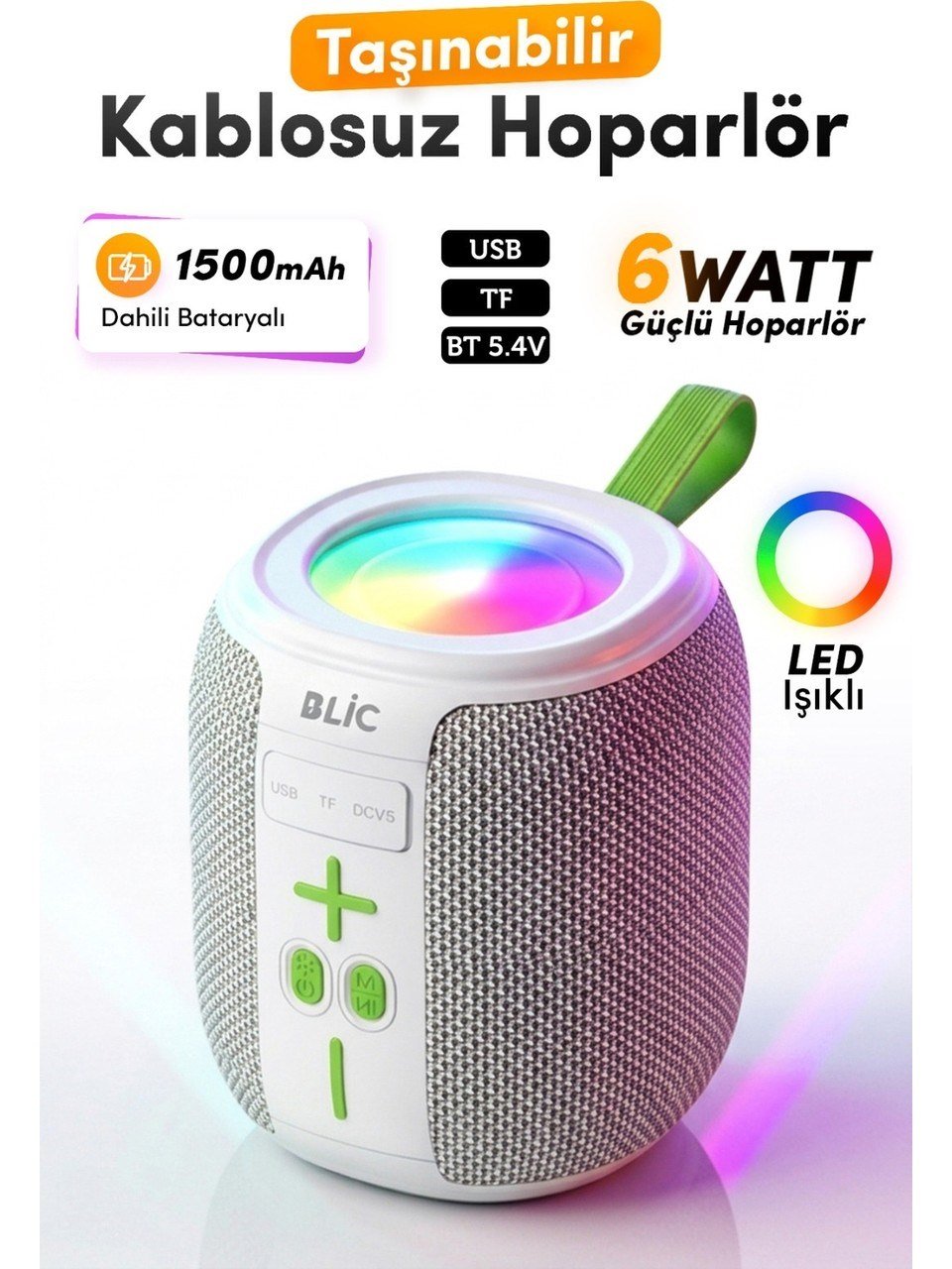Blic BLS-88 6W Bluetooth Hoparlör, LED Işıklı, Taşınabilir, USB & TF Kart Destekli, 1500mAh Beyaz