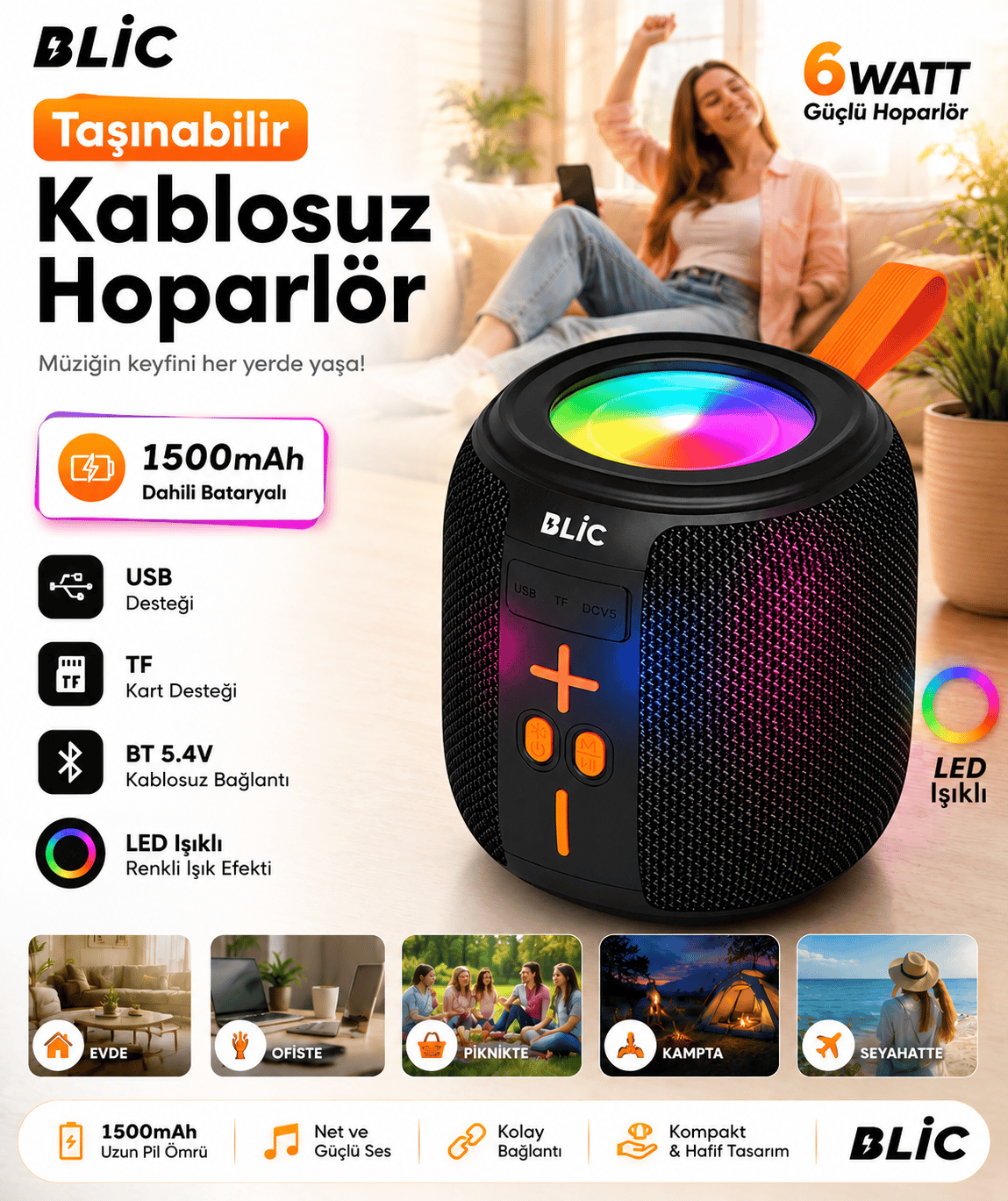 Blic BLS-88 6W Bluetooth Hoparlör, LED Işıklı, Taşınabilir, USB & TF Kart Destekli, 1500mAh Siyah