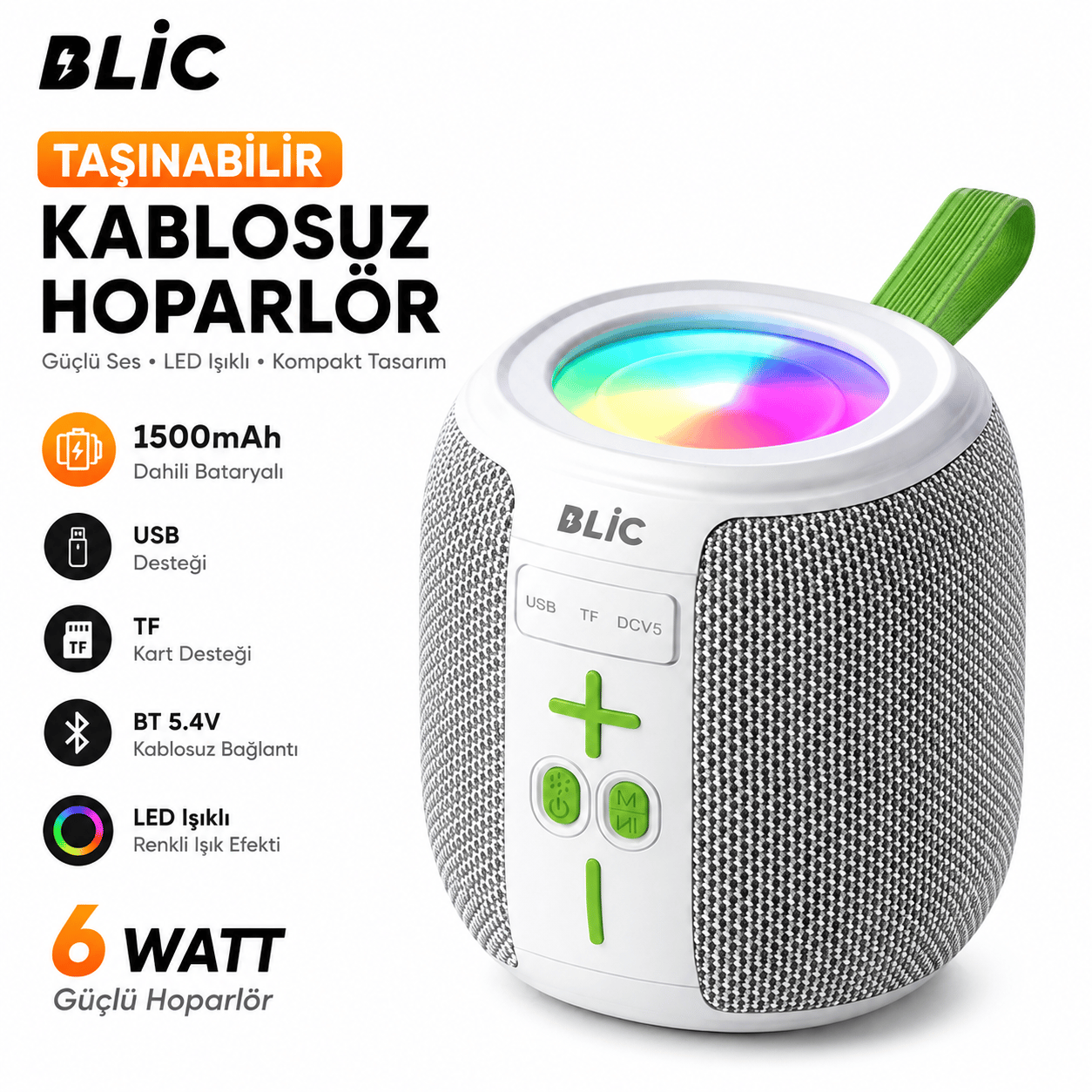Blic BLS-88 6W Bluetooth Hoparlör, LED Işıklı, Taşınabilir, USB & TF Kart Destekli, 1500mAh Beyaz