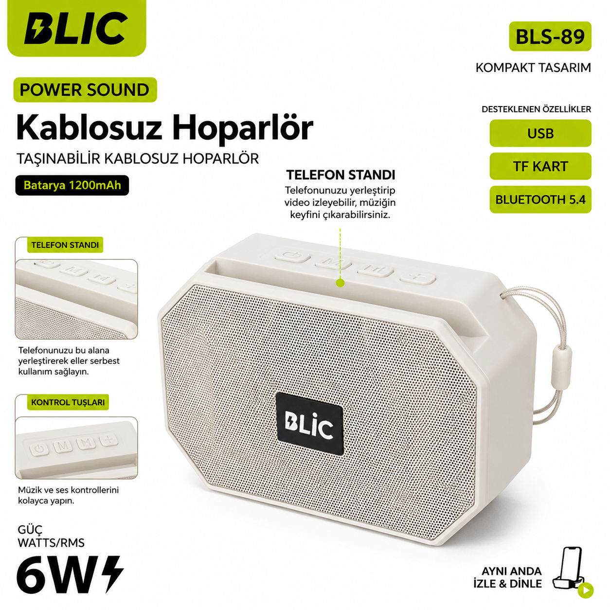 Blic BLS-89 Bluetooth 5.4 Taşınabilir Kablosuz Hoparlör 6W RMS Telefon Standlı 1200mAh USB TF Kart Askılı Beyaz