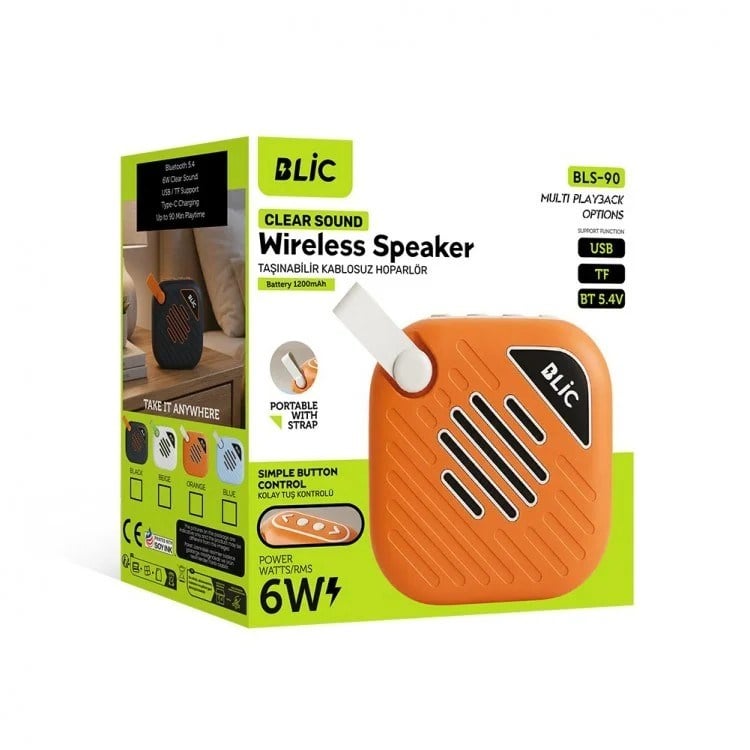 Blic BLS-90 6W Bluetooth 5.4 Kablosuz Hoparlör 1200mAh USB TF Kart Askılı Mini Speaker Siyah