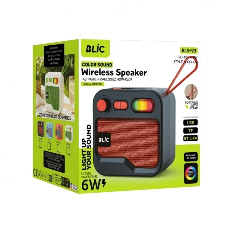 Blic BLS-93 6W Bluetooth Hoparlör RGB LED Işıklı Taşınabilir Kablosuz Speaker USB TF Kart Destekli 1200mAh Siyah