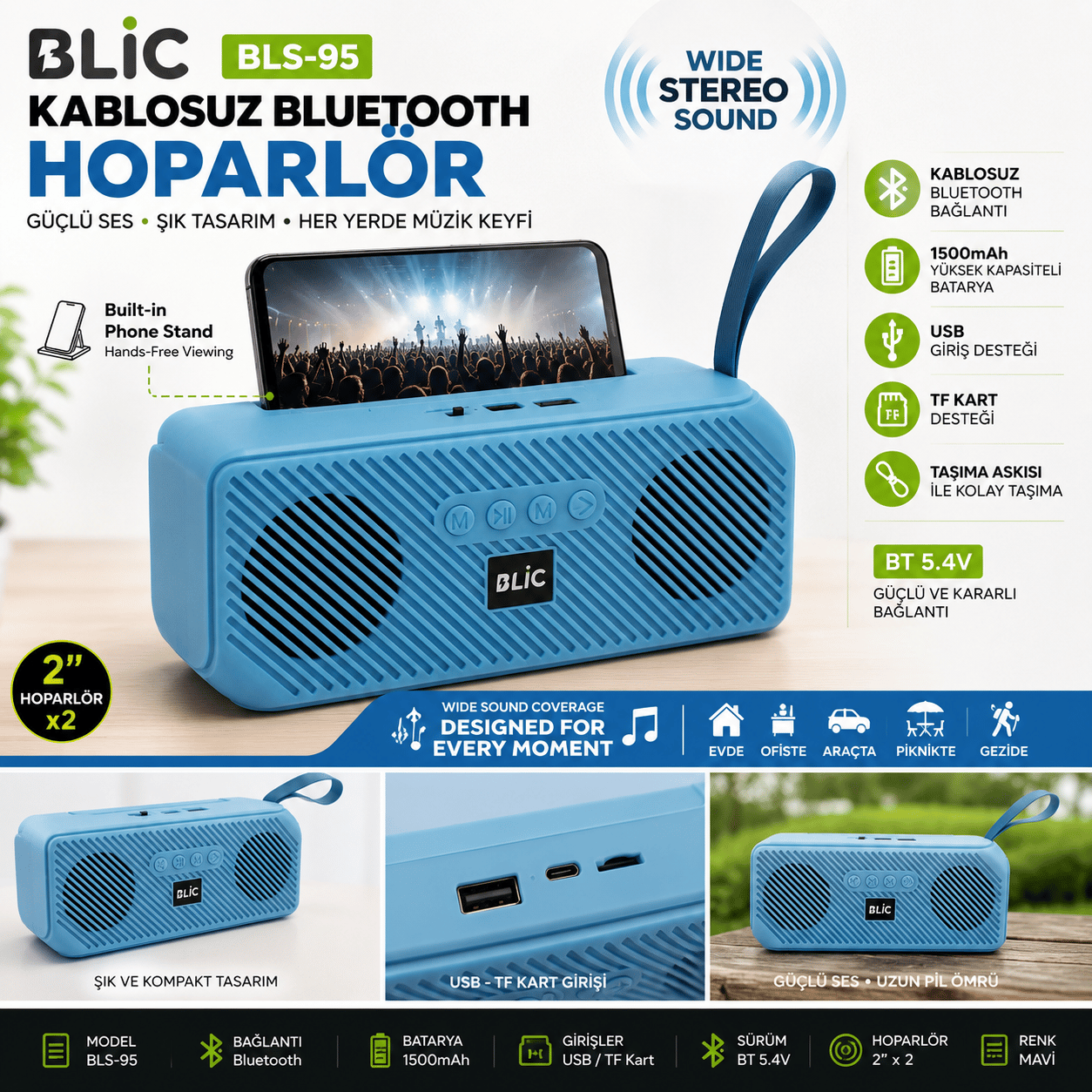 Blic BLS-95 Bluetooth Kablosuz Hoparlör – 1500mAh – USB/TF – Telefon Standlı