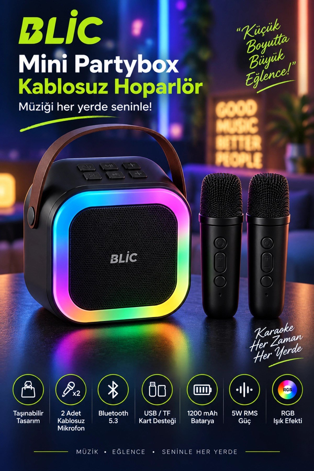 Blic BLS-97 PartyBox Çift Kablosuz Mikrofonlu RGB LED Işıklı Taşınabilir Bluetooth Karaoke Hoparlör – Siyah