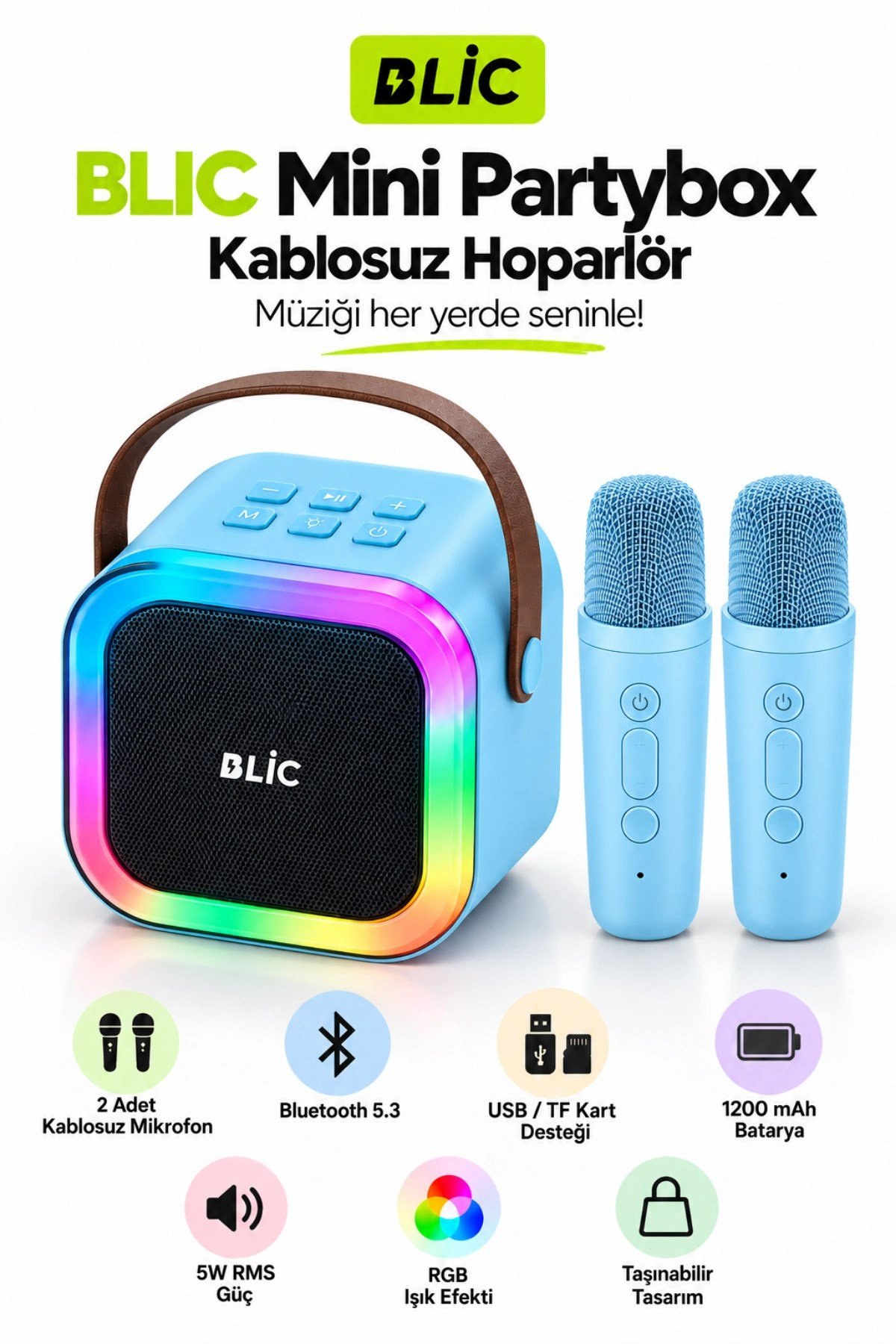 Blic BLS-97 PartyBox Çift Kablosuz Mikrofonlu RGB LED Işıklı Taşınabilir Bluetooth Karaoke Hoparlör – Mavi