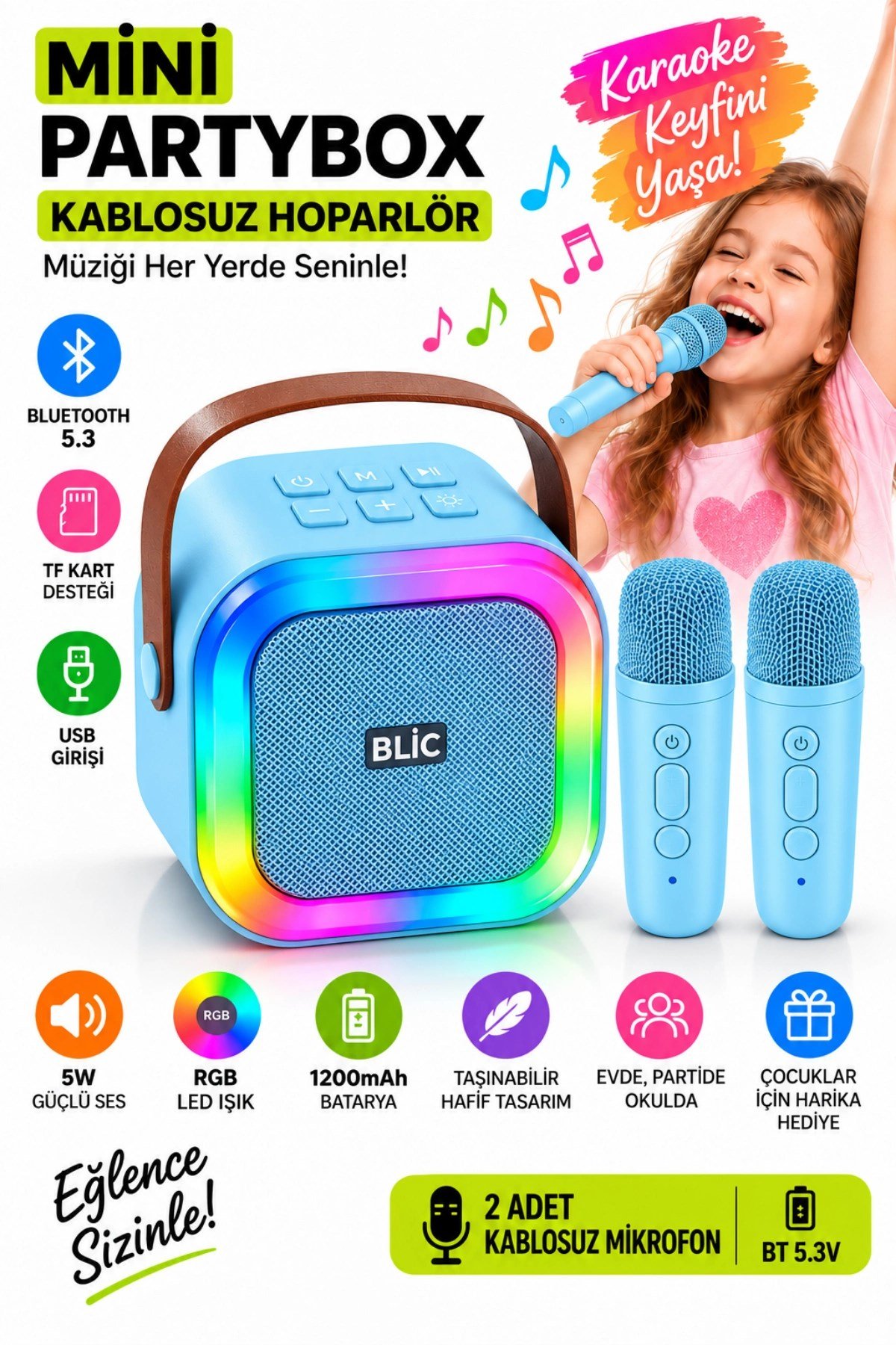 Blic BLS-97 PartyBox Çift Kablosuz Mikrofonlu RGB LED Işıklı Taşınabilir Bluetooth Karaoke Hoparlör – Mavi