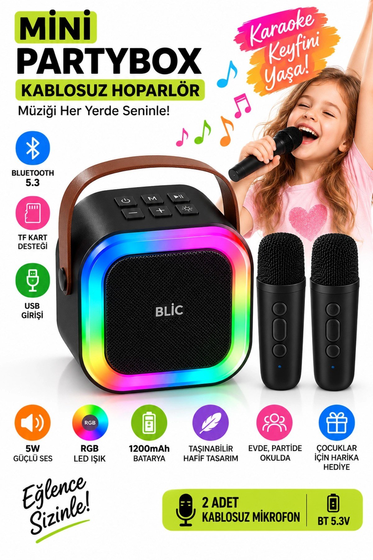 Blic BLS-97 PartyBox Çift Kablosuz Mikrofonlu RGB LED Işıklı Taşınabilir Bluetooth Karaoke Hoparlör – Siyah