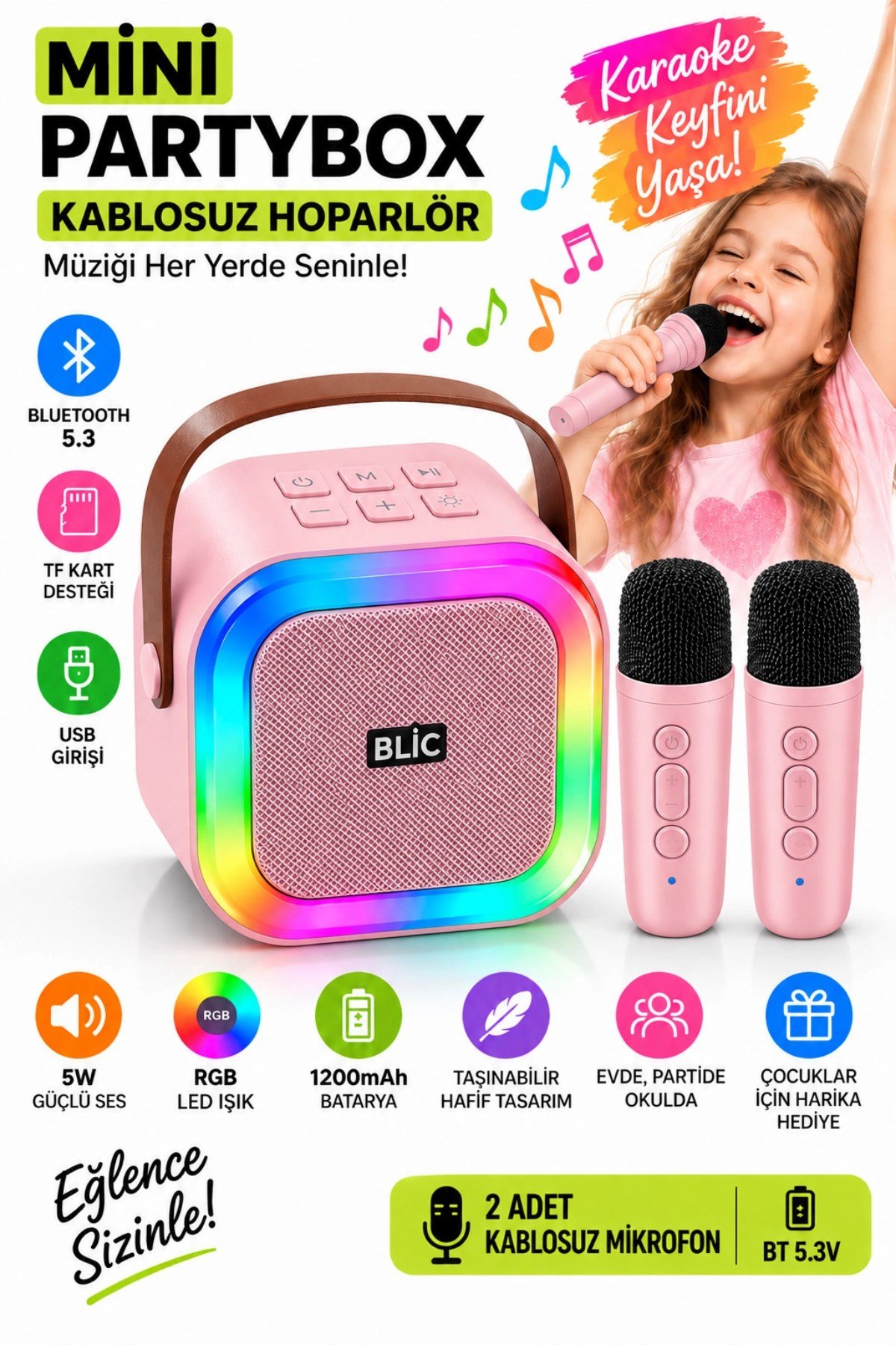 Blic BLS-97 PartyBox Çift Kablosuz Mikrofonlu RGB LED Işıklı Taşınabilir Bluetooth Karaoke Hoparlör –Pembe