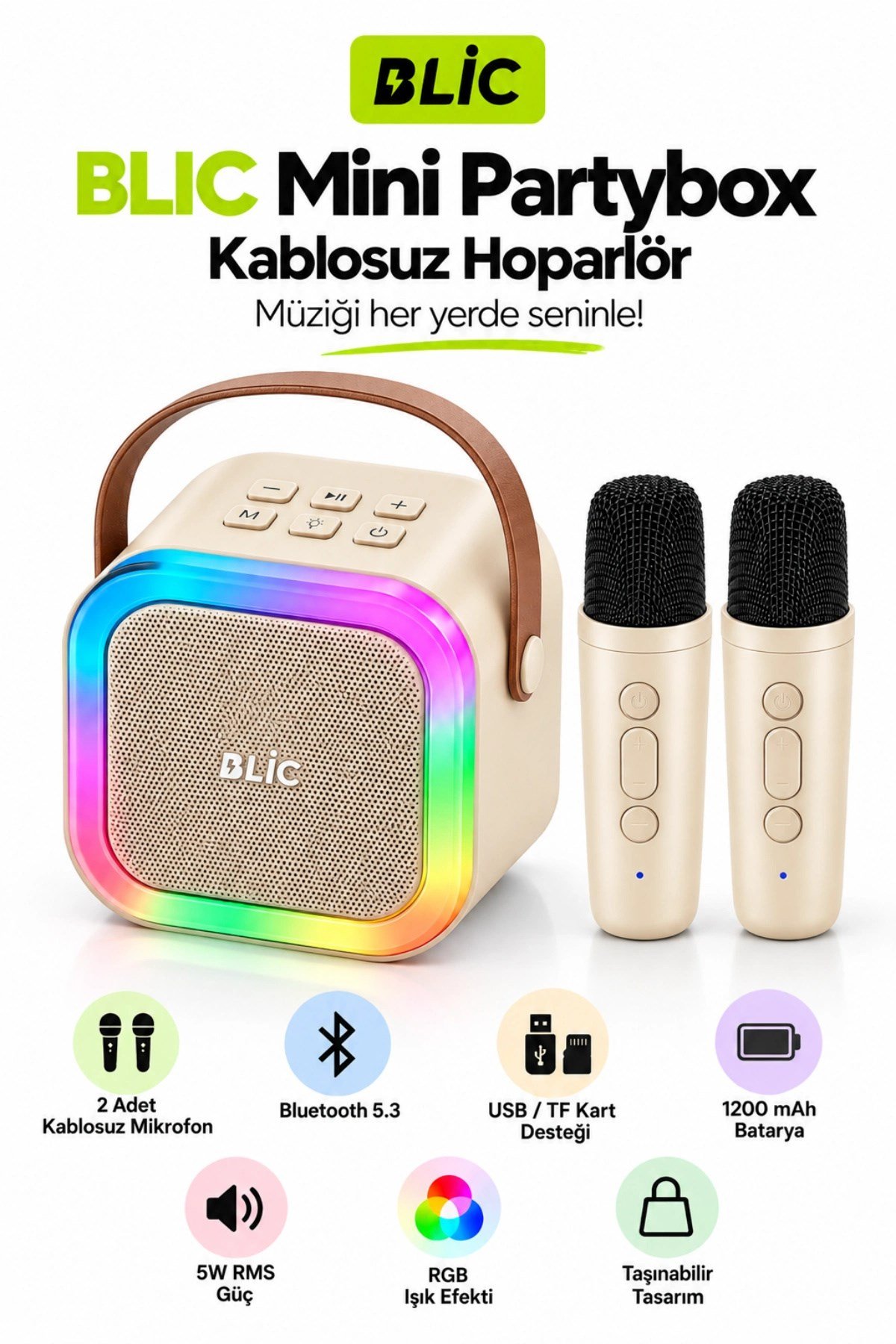 Blic BLS-97 PartyBox Çift Kablosuz Mikrofonlu RGB LED Işıklı Taşınabilir Bluetooth Karaoke Hoparlör –Bej