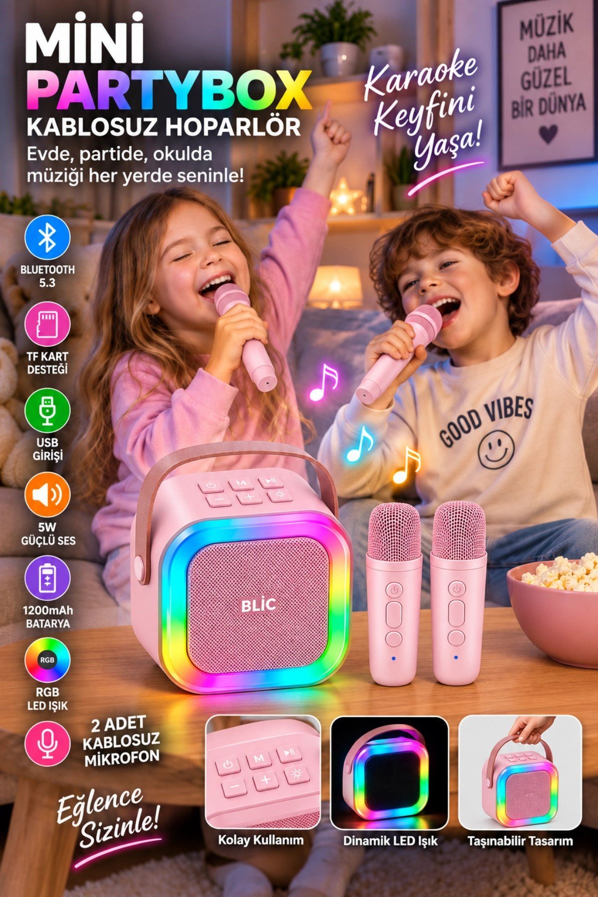 Blic BLS-97 PartyBox Çift Kablosuz Mikrofonlu RGB LED Işıklı Taşınabilir Bluetooth Karaoke Hoparlör –Pembe