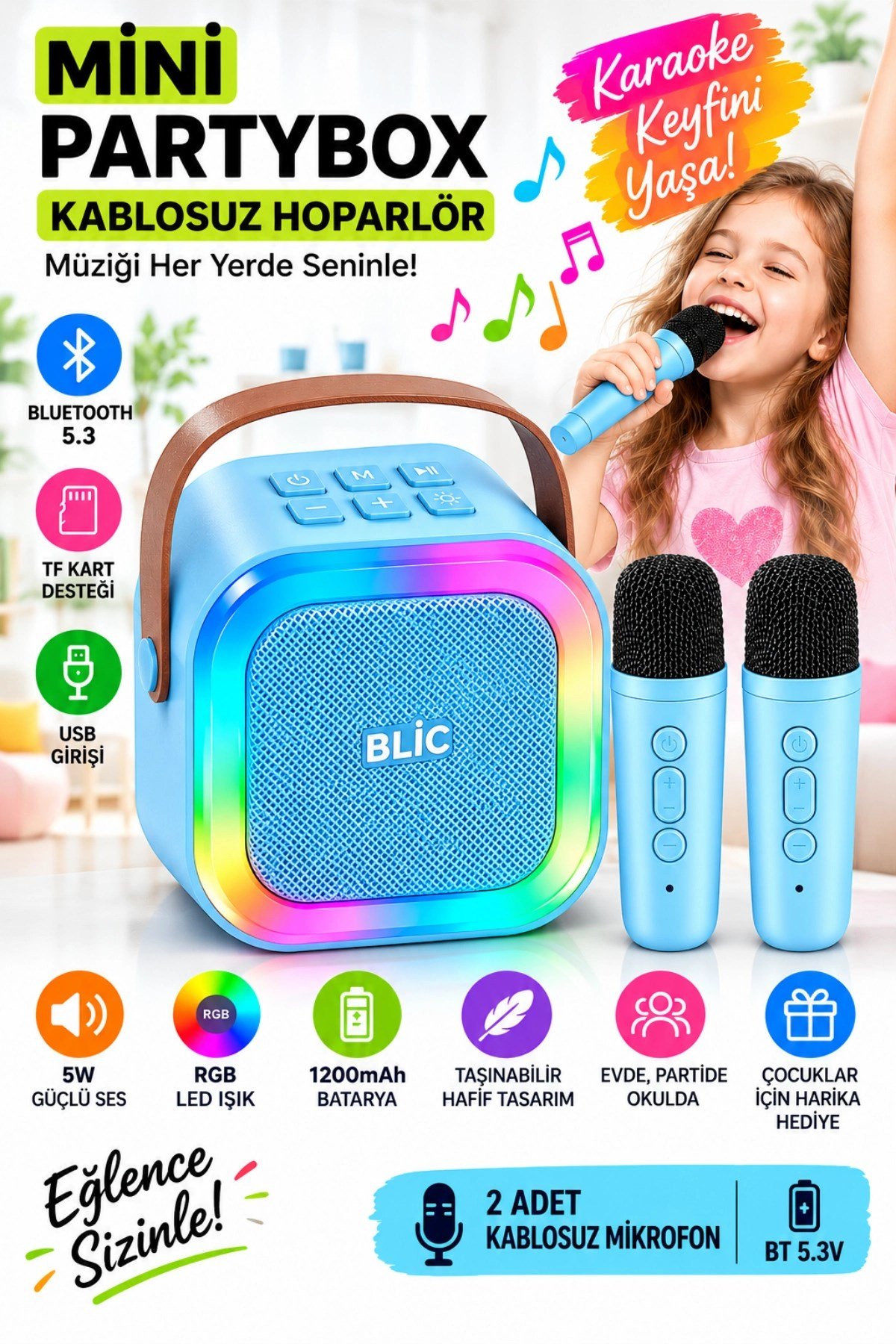 Blic BLS-97 PartyBox Çift Kablosuz Mikrofonlu RGB LED Işıklı Taşınabilir Bluetooth Karaoke Hoparlör – Mavi