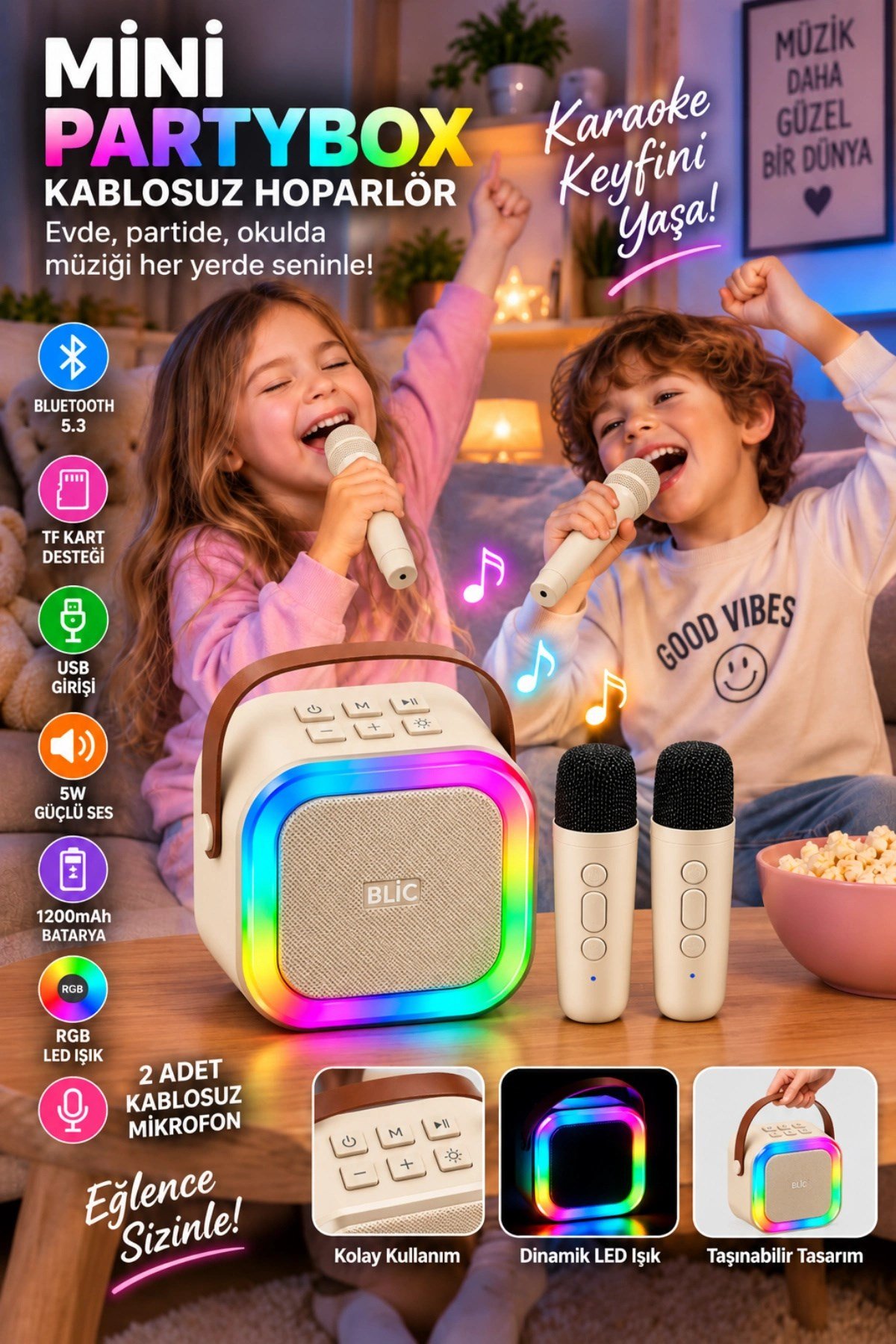 Blic BLS-97 PartyBox Çift Kablosuz Mikrofonlu RGB LED Işıklı Taşınabilir Bluetooth Karaoke Hoparlör –Bej