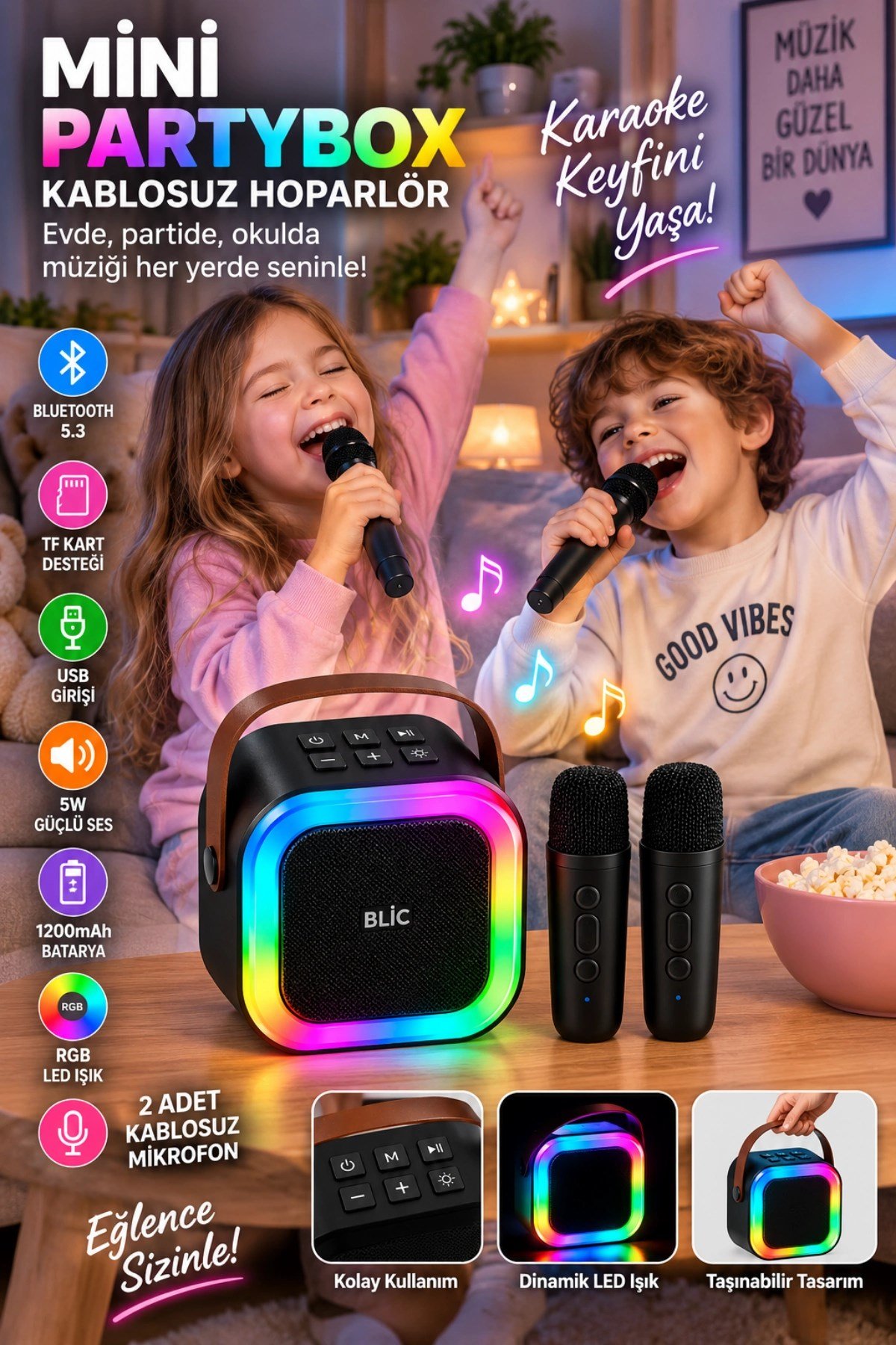 Blic BLS-97 PartyBox Çift Kablosuz Mikrofonlu RGB LED Işıklı Taşınabilir Bluetooth Karaoke Hoparlör – Siyah