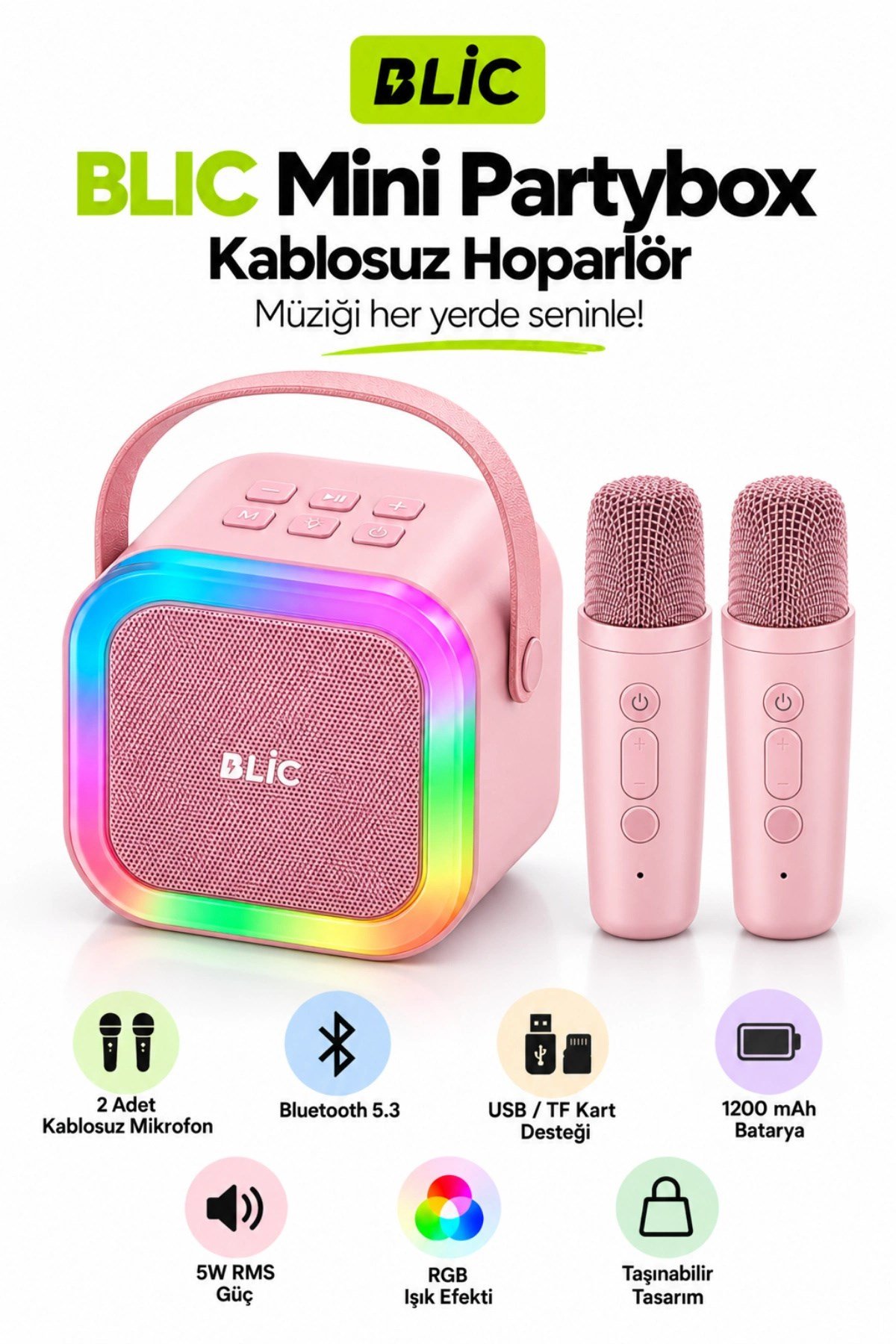 Blic BLS-97 PartyBox Çift Kablosuz Mikrofonlu RGB LED Işıklı Taşınabilir Bluetooth Karaoke Hoparlör –Pembe