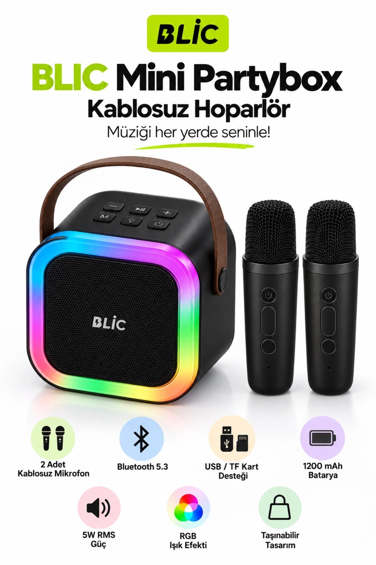 Blic BLS-97 PartyBox Çift Kablosuz Mikrofonlu RGB LED Işıklı Taşınabilir Bluetooth Karaoke Hoparlör – Siyah