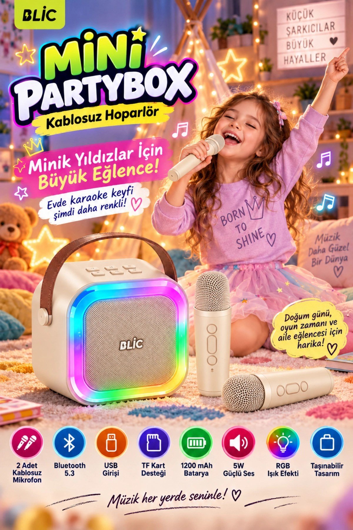 Blic BLS-97 PartyBox Çift Kablosuz Mikrofonlu RGB LED Işıklı Taşınabilir Bluetooth Karaoke Hoparlör –Bej