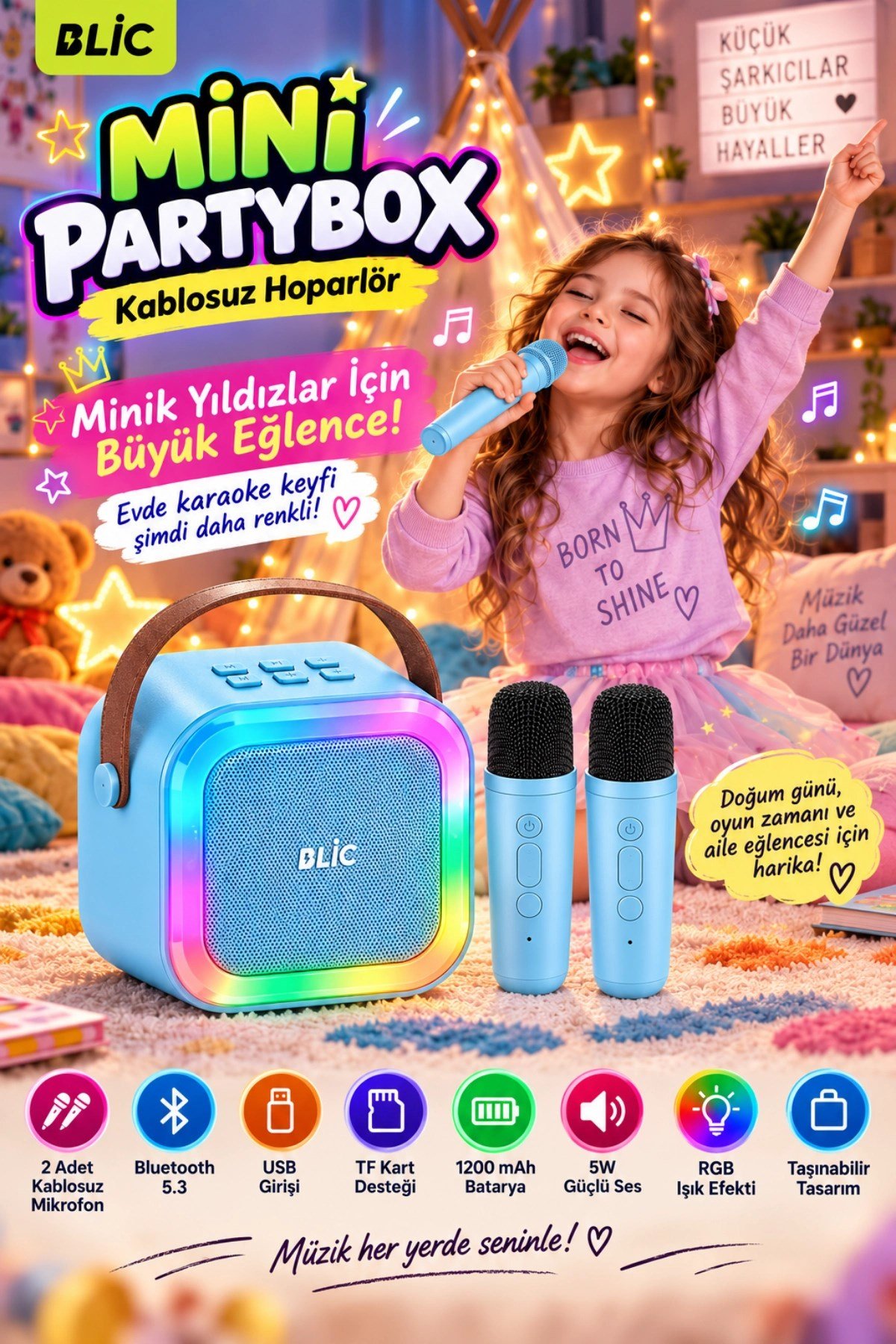 Blic BLS-97 PartyBox Çift Kablosuz Mikrofonlu RGB LED Işıklı Taşınabilir Bluetooth Karaoke Hoparlör – Mavi