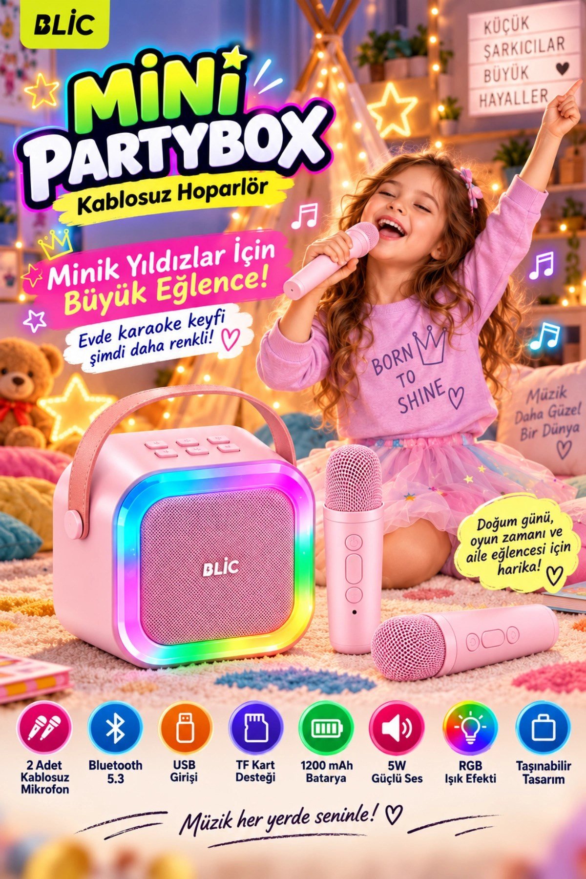 Blic BLS-97 PartyBox Çift Kablosuz Mikrofonlu RGB LED Işıklı Taşınabilir Bluetooth Karaoke Hoparlör –Pembe