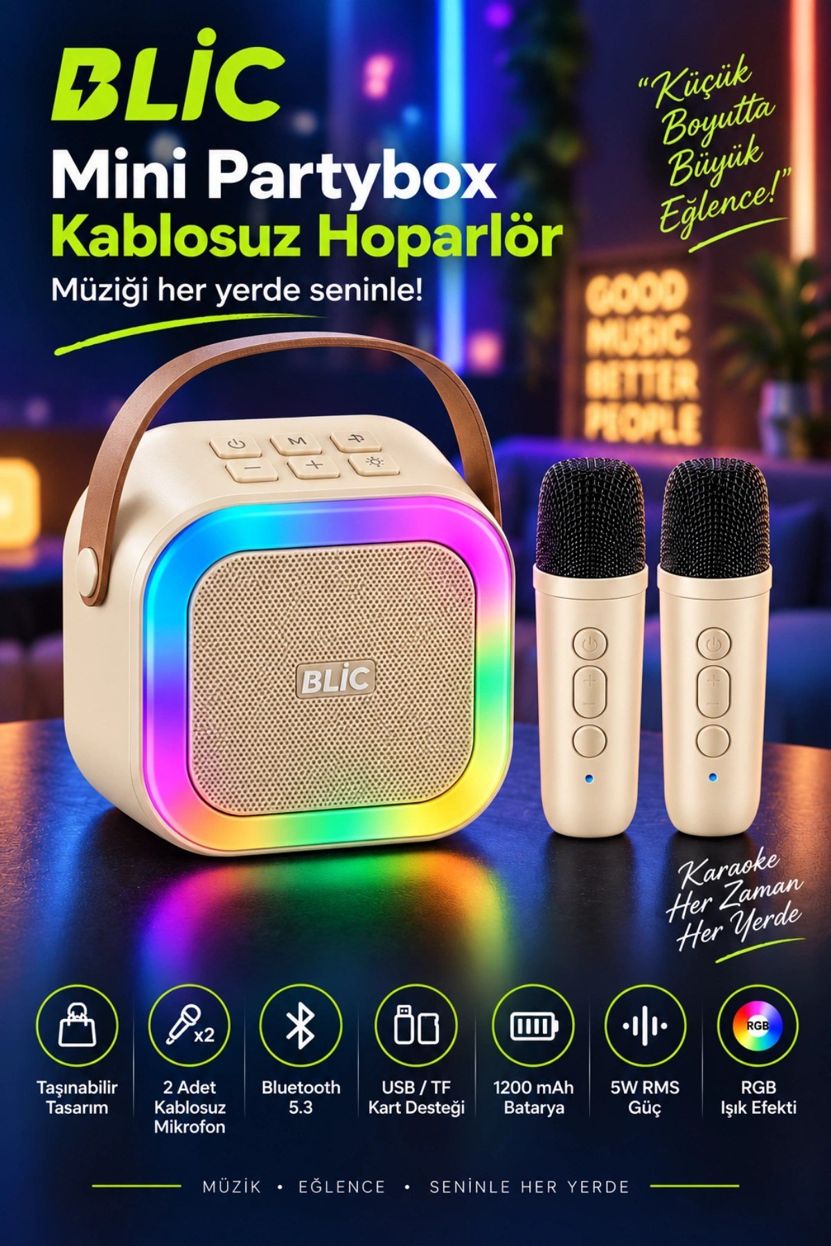 Blic BLS-97 PartyBox Çift Kablosuz Mikrofonlu RGB LED Işıklı Taşınabilir Bluetooth Karaoke Hoparlör –Bej