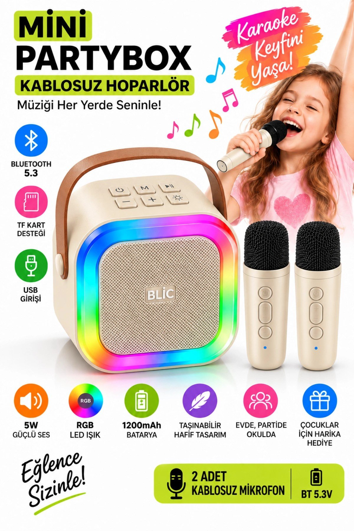 Blic BLS-97 PartyBox Çift Kablosuz Mikrofonlu RGB LED Işıklı Taşınabilir Bluetooth Karaoke Hoparlör –Bej