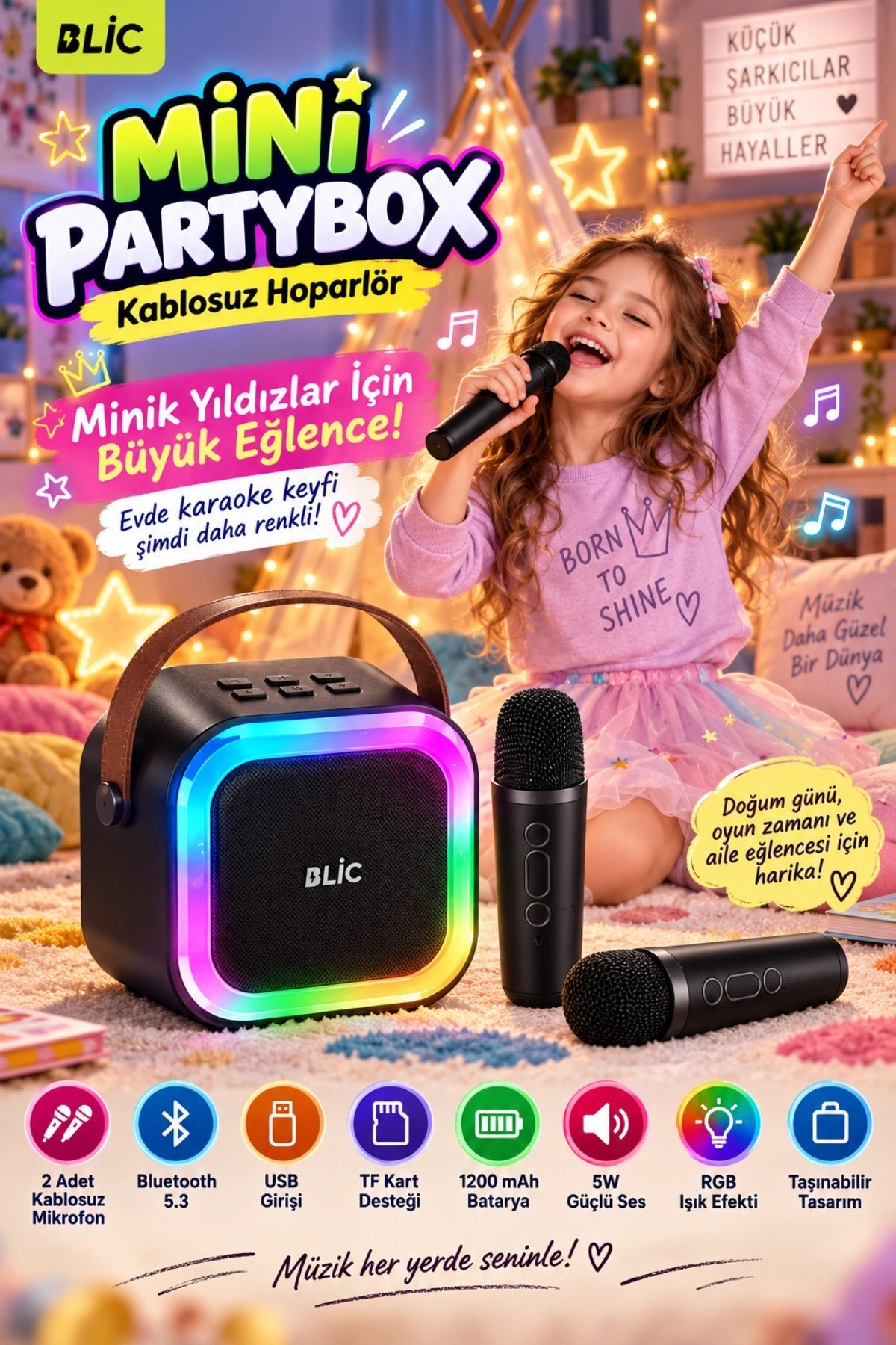 Blic BLS-97 PartyBox Çift Kablosuz Mikrofonlu RGB LED Işıklı Taşınabilir Bluetooth Karaoke Hoparlör – Siyah
