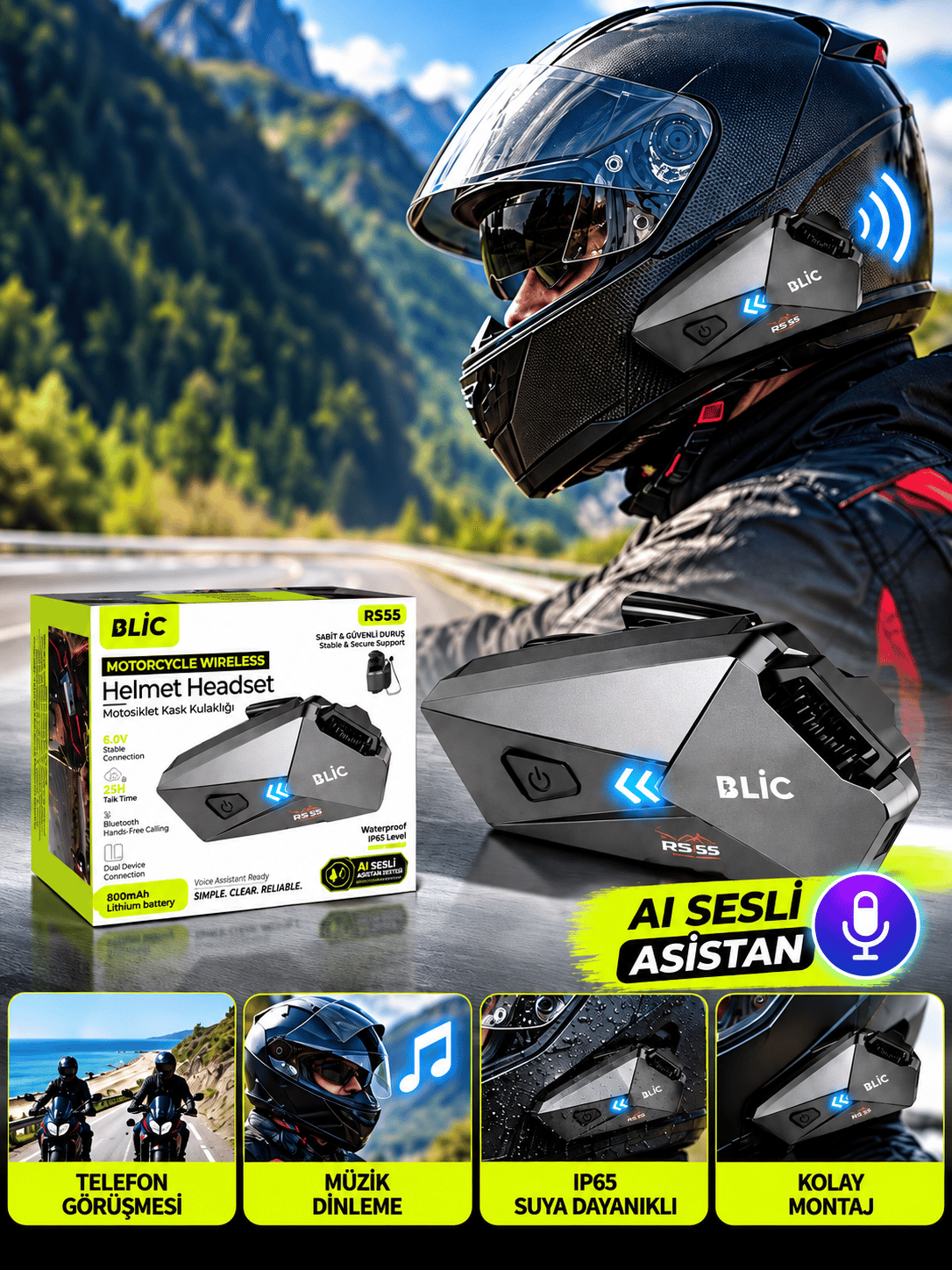 Blic RS55 Bluetooth 6.0 Motosiklet Kask Kulaklığı – 800 mAh Batarya, AI Sesli Asistan Destekli, Kablosuz Müzik ve Telefon Görüşmesi