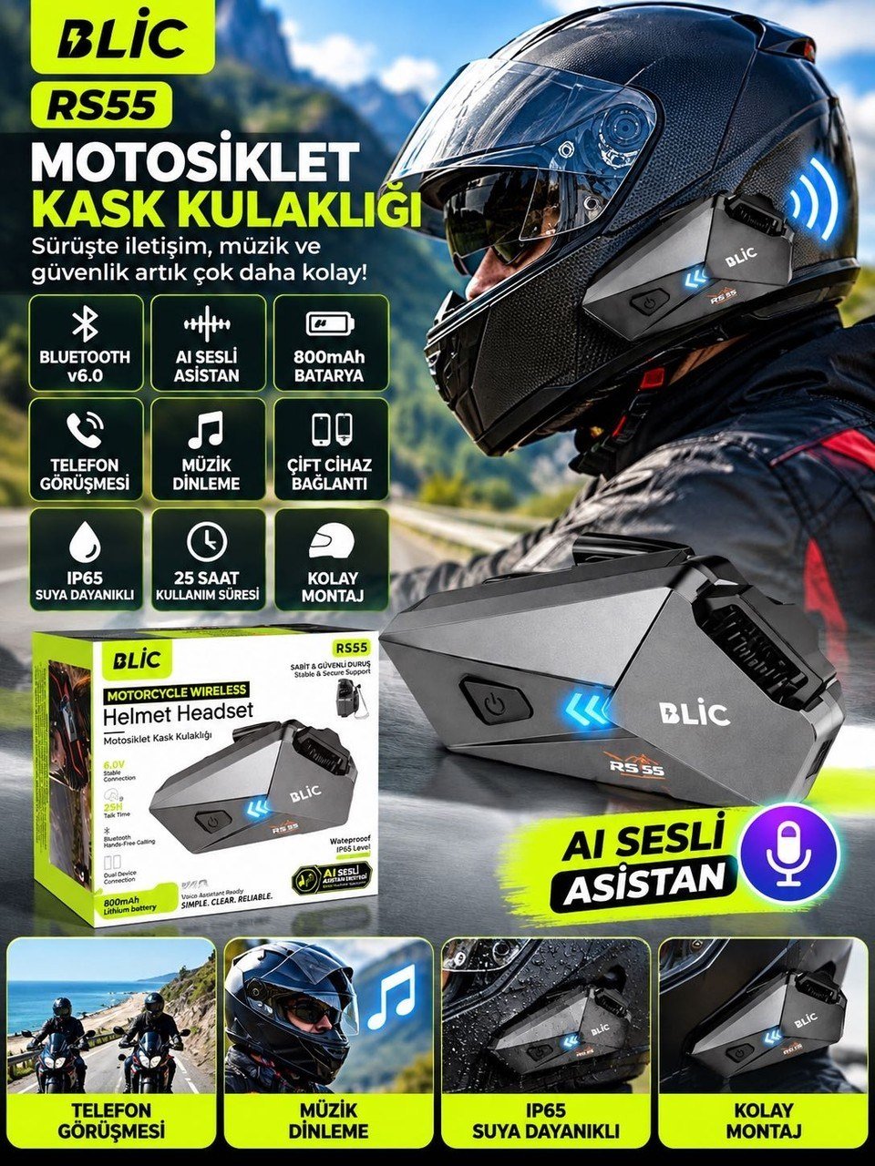 Blic RS55 Bluetooth 6.0 Motosiklet Kask Kulaklığı – 800 mAh Batarya, AI Sesli Asistan Destekli, Kablosuz Müzik ve Telefon Görüşmesi
