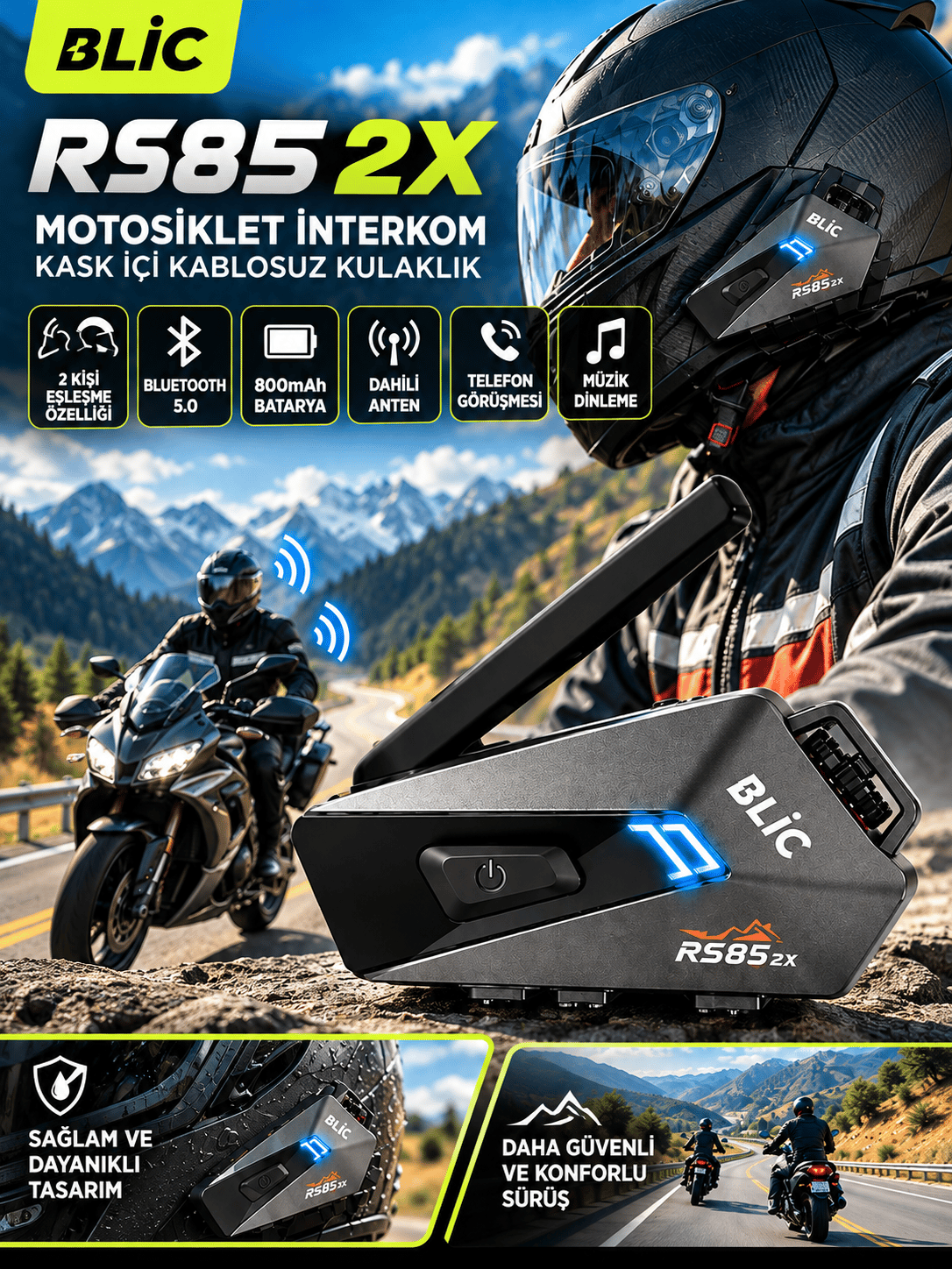 Blic RS85 2X Tekli Motosiklet İnterkom – 2 Kişi Eşleşme Özellikli, Bluetooth 5.0, 800 mAh Batarya, Kask İçi Kulaklık