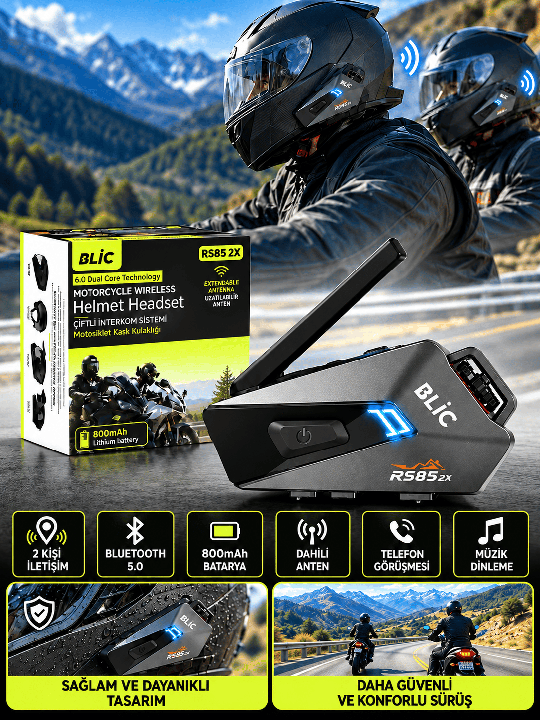 Blic RS85 2X Tekli Motosiklet İnterkom – 2 Kişi Eşleşme Özellikli, Bluetooth 5.0, 800 mAh Batarya, Kask İçi Kulaklık