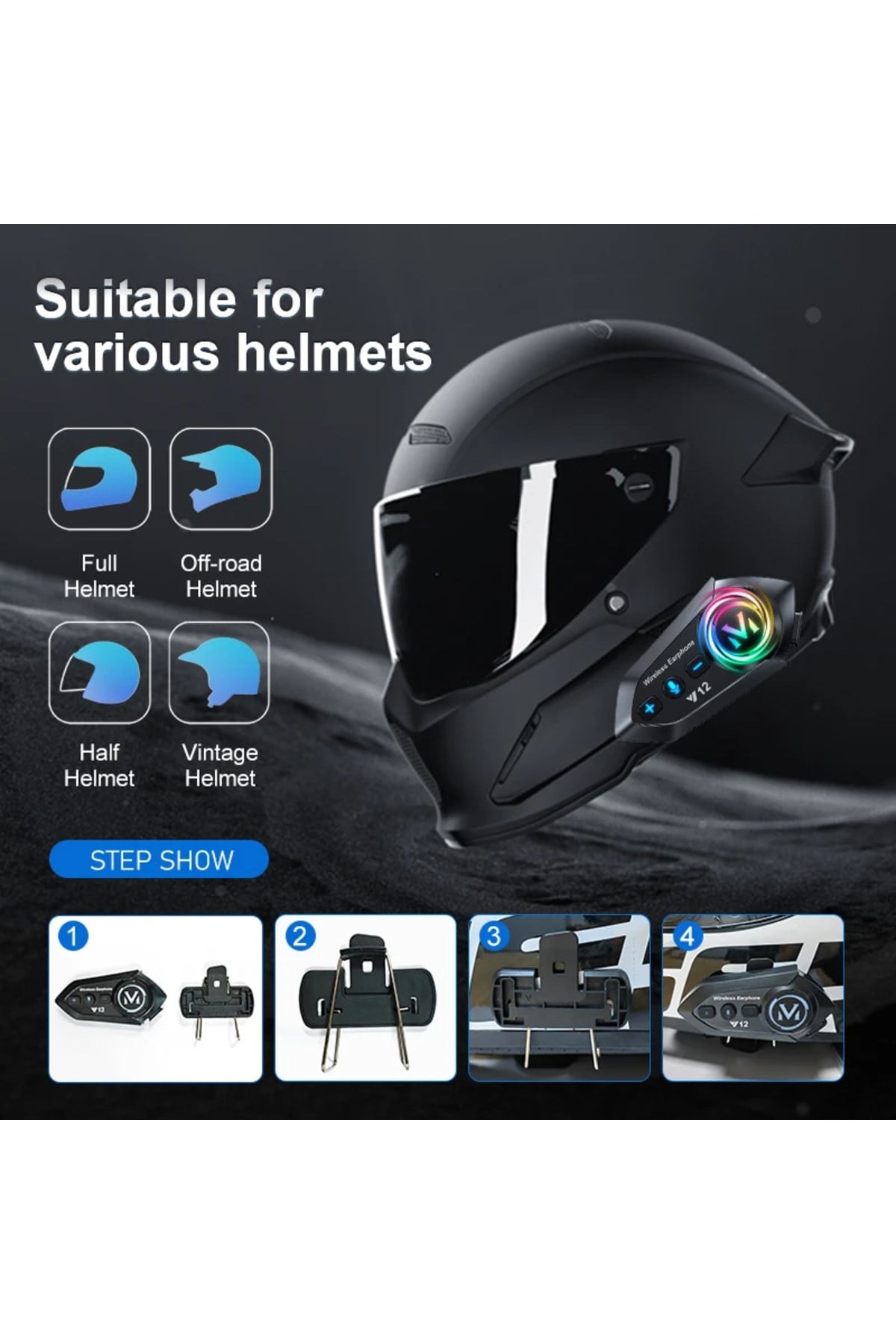 Blic Y12 Motosiklet Kask Intercom Bluetooth 5.4 Kulaklık – Işıklı, Su Geçirmez, Mikrofonlu Müzik ve Telefon Görüşme