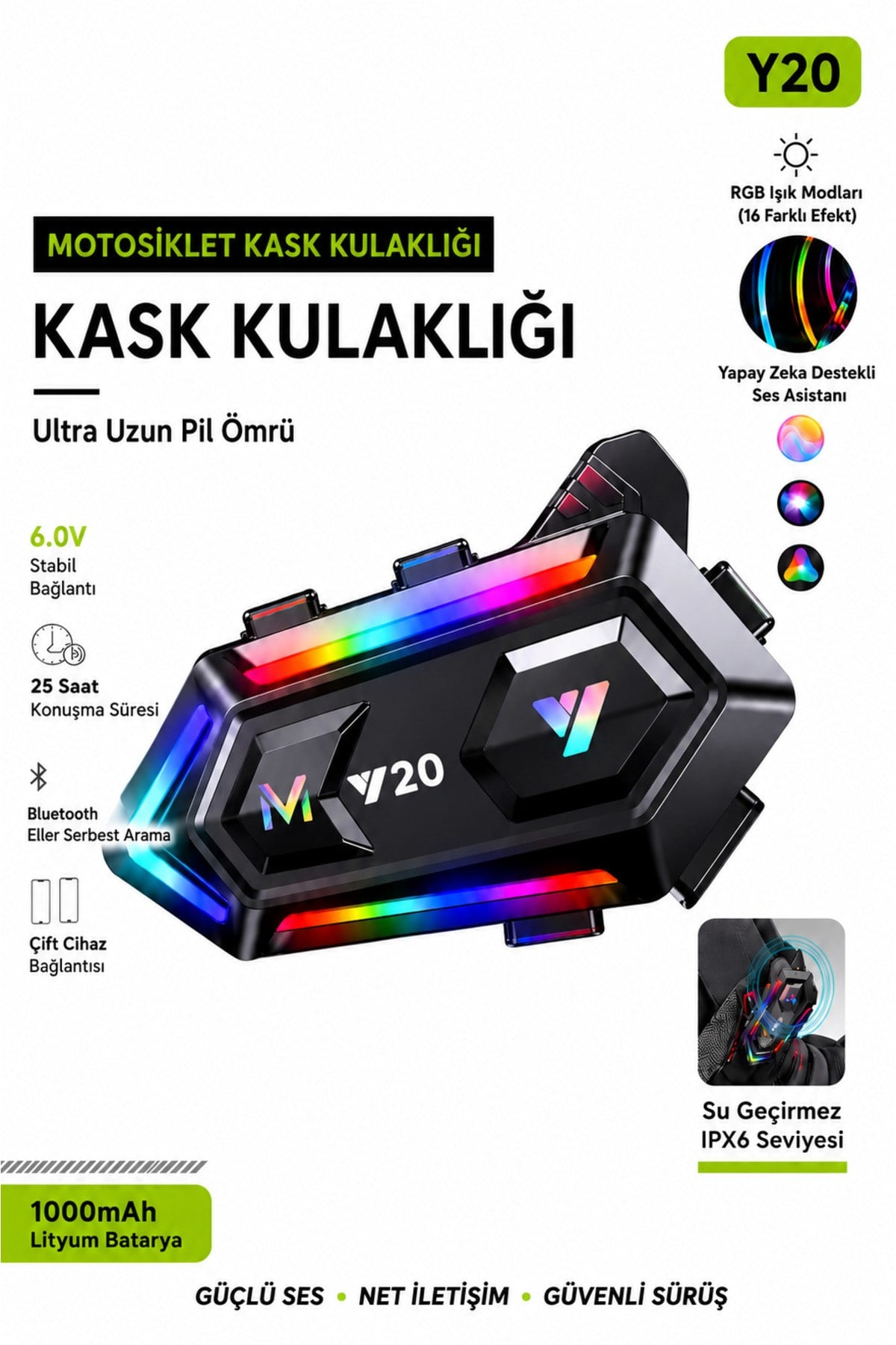 Blic Y20 Motosiklet Kask Intercom Bluetooth 5.3 – 1000 mAh, IPX6 Su Geçirmez, 16 Mod Işıklı, Type-C