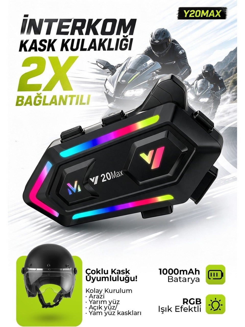 Blic Y20MAX Bluetooth 6.0 Motosiklet Kask İnterkom – 300M Çiftli Intercom, 25 Saat Konuşma, 1000mAh, RGB Işıklı, IPX6