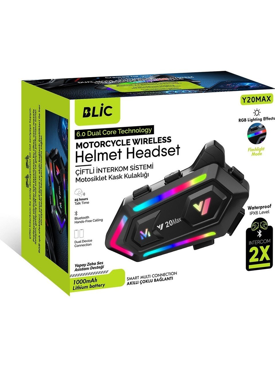 Blic Y20MAX Bluetooth 6.0 Motosiklet Kask İnterkom – 300M Çiftli Intercom, 25 Saat Konuşma, 1000mAh, RGB Işıklı, IPX6