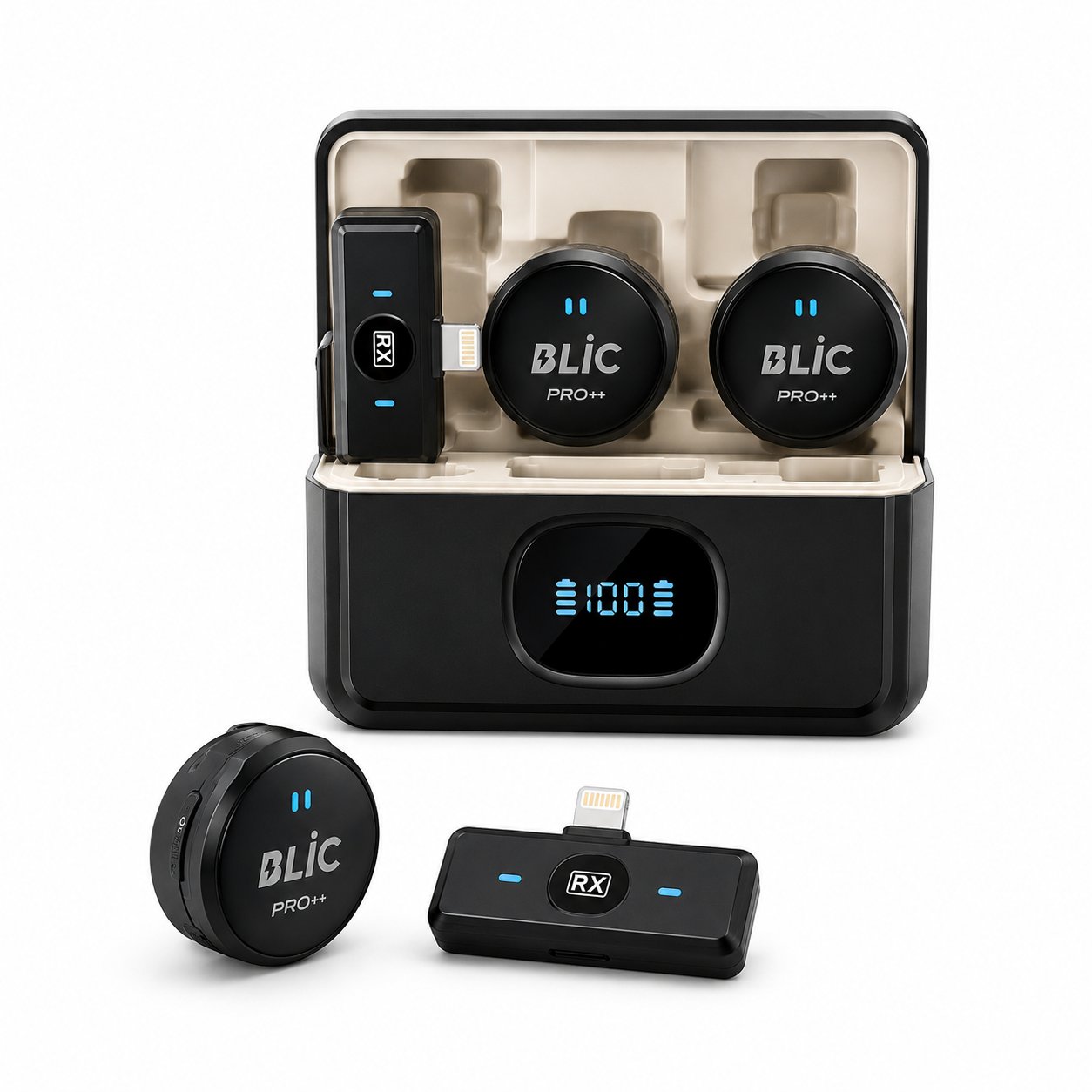 BWC-05 Kablosuz İkili Yaka Mikrofonu Lightning Girişli Dijital Ekranlı 2.4G Canlı Yayın ve Video Kayıt Mikrofonu