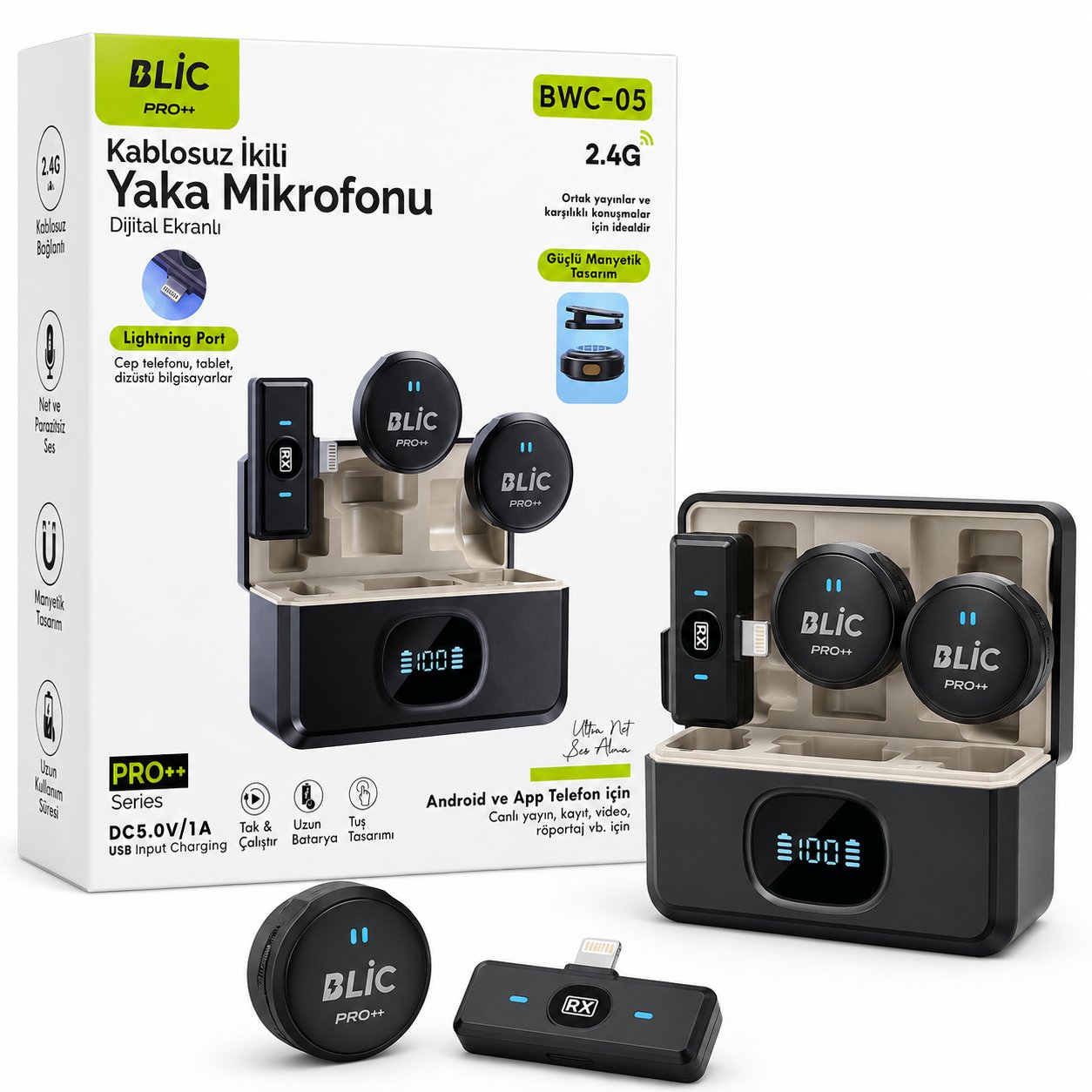 BWC-05 Kablosuz İkili Yaka Mikrofonu Lightning Girişli Dijital Ekranlı 2.4G Canlı Yayın ve Video Kayıt Mikrofonu