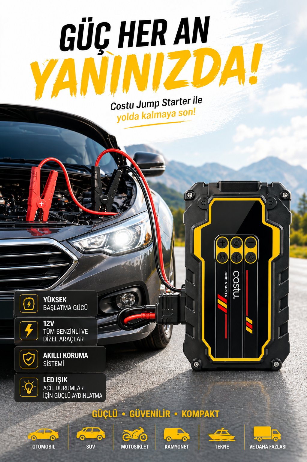 Castu CS80+MAX  Akü Takviye Cihazı 22.000 mAh | 4'ü 1 Arada Powerbank, Hava Kompresörü, LCD Ekran,150PSI