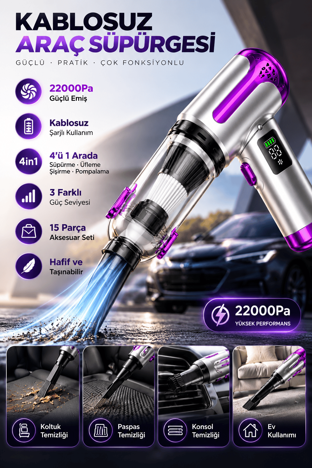 CS89 Max Kablosuz Araç Süpürgesi 22000 Pa Güçlü Emiş 4'ü 1 Arada 15 Parça Aksesuar Seti