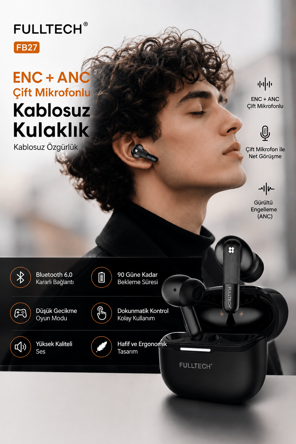 Fulltech FB27 ANC + ENC Gürültü Engellemeli Bluetooth 6.0 TWS Kablosuz Kulaklık Çift Mikrofon Düşük Gecikme – Siyah