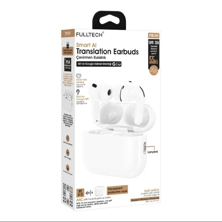 Fulltech FB30 ANC Bluetooth 6.0 Kulaklık 55 Dil AI Çeviri Kalp Atış Ölçümü Kablosuz Şarj IPX4 Kılıf Hediyeli