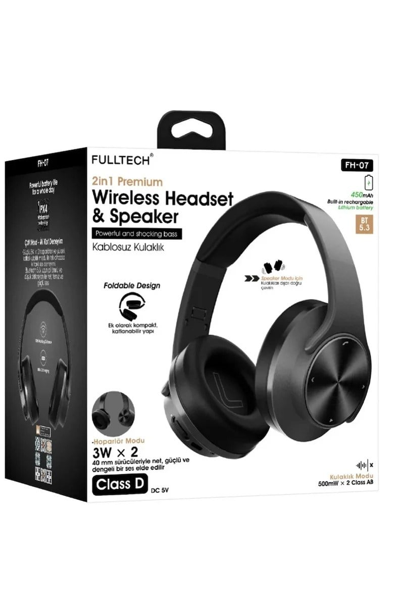 Fulltech FH-07 2'si 1 Arada Bluetooth Kulak Üstü Kulaklık ve Hoparlör 2x3W 450mAh Katlanabilir Siyah