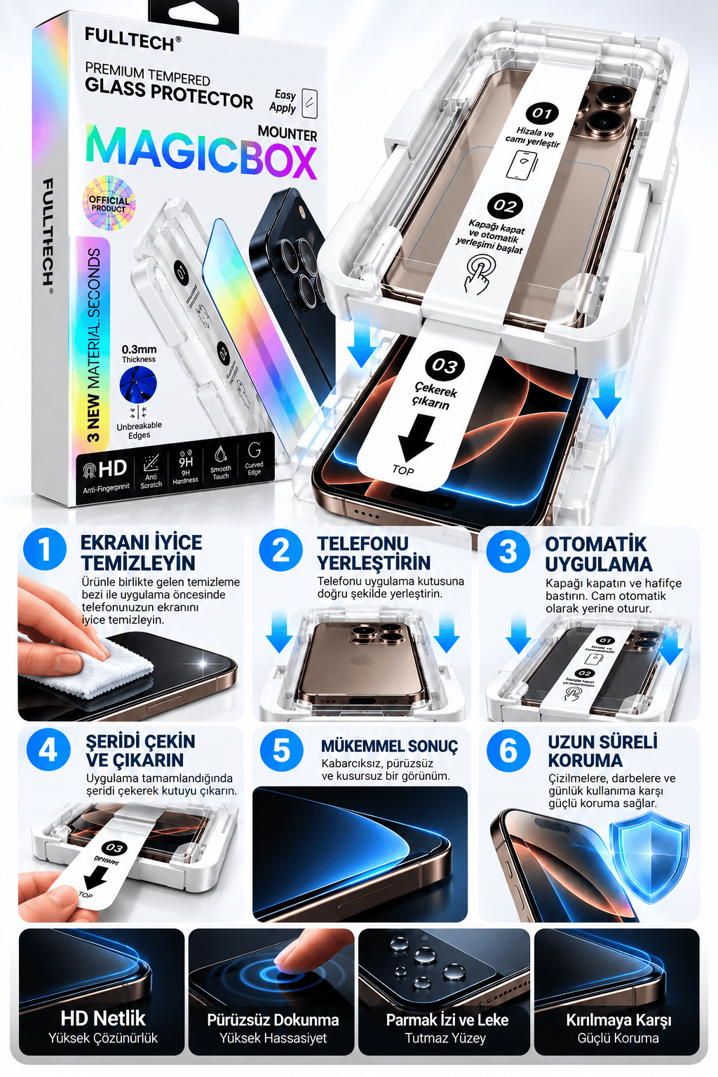 Fulltech MagicBox iphone 12 Pro Uyumlu Premium Kırılmaz Cam Ekran Koruyucu – Kolay Uygulama Aparatlı, 0.3 mm, HD Şeffaf