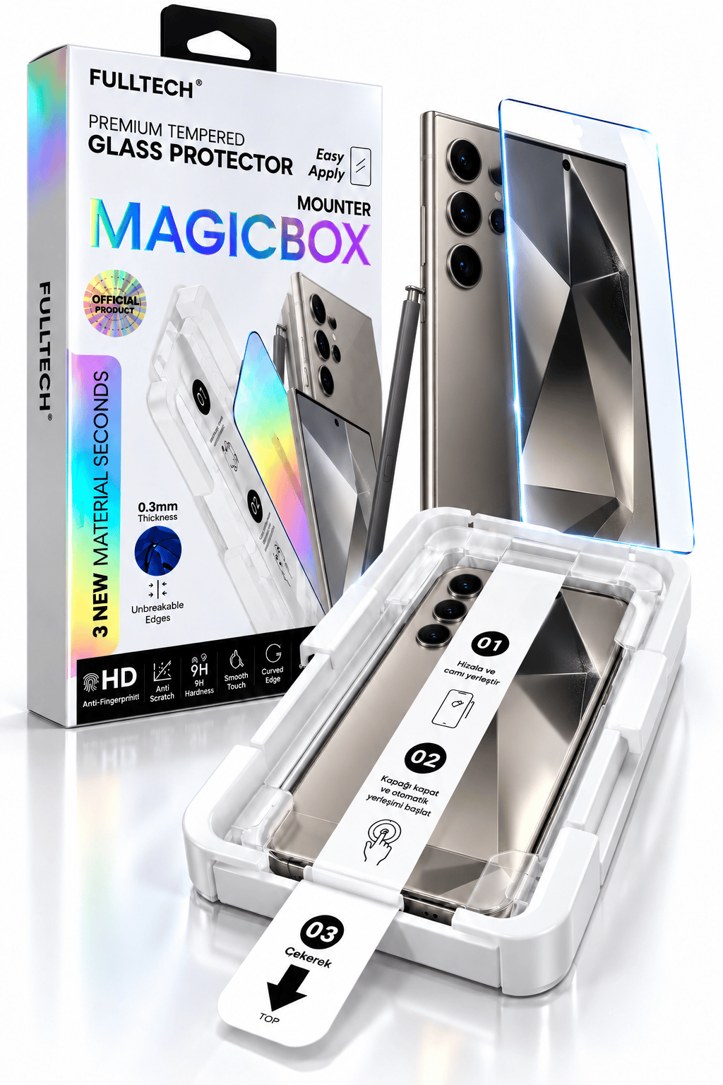 Fulltech MagicBox Samsung S24 Ultra Uyumlu Premium Kırılmaz Cam Ekran Koruyucu – Kolay Uygulama Aparatlı, 0.3 mm, HD Şeffaf